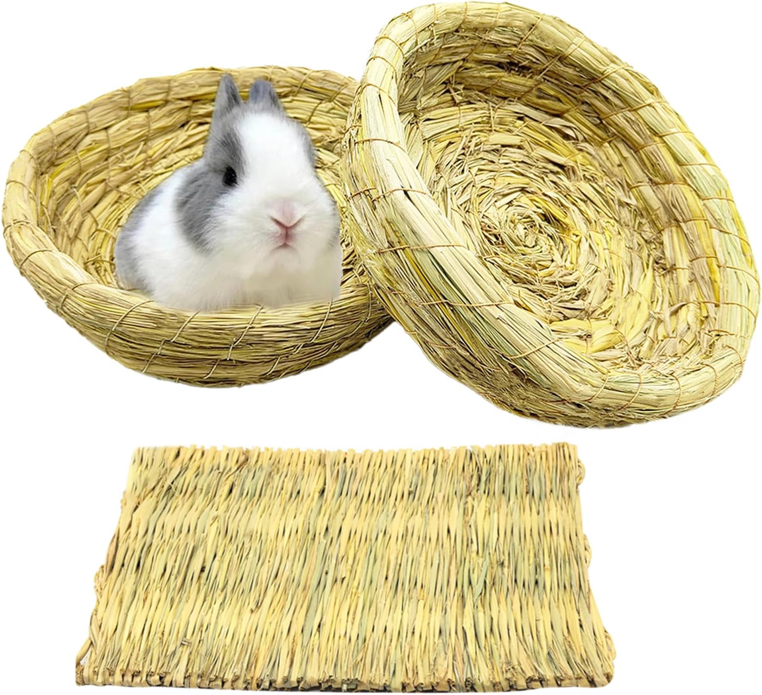 Bunny Grass Bed Guinea Pig Straw House Nest Hay Mats Grass Basket Hatch Chew Toy for Dwarf Rabbit Chinchillas Hamster Fancy Rat Pigeon Parrot 3 Pcs