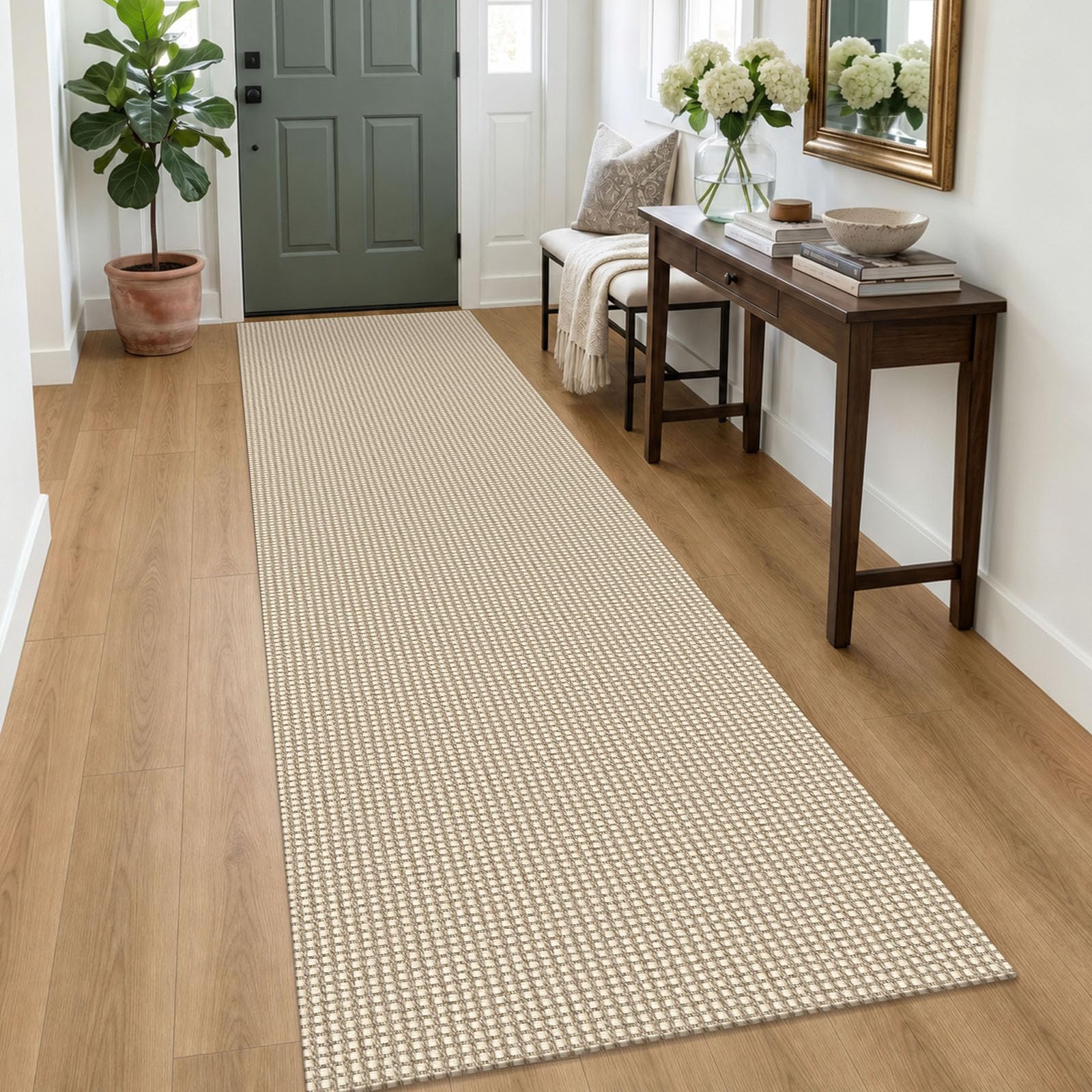 IOHOUZE Washable Runner Rug 3x9 Non Slip Rubber Backed Wide Hallway Runner Entryway Runner Indoor, Kitchen Rugs Woven Floor Carpet for Hall Entrance Bedroom, Cream/Beige