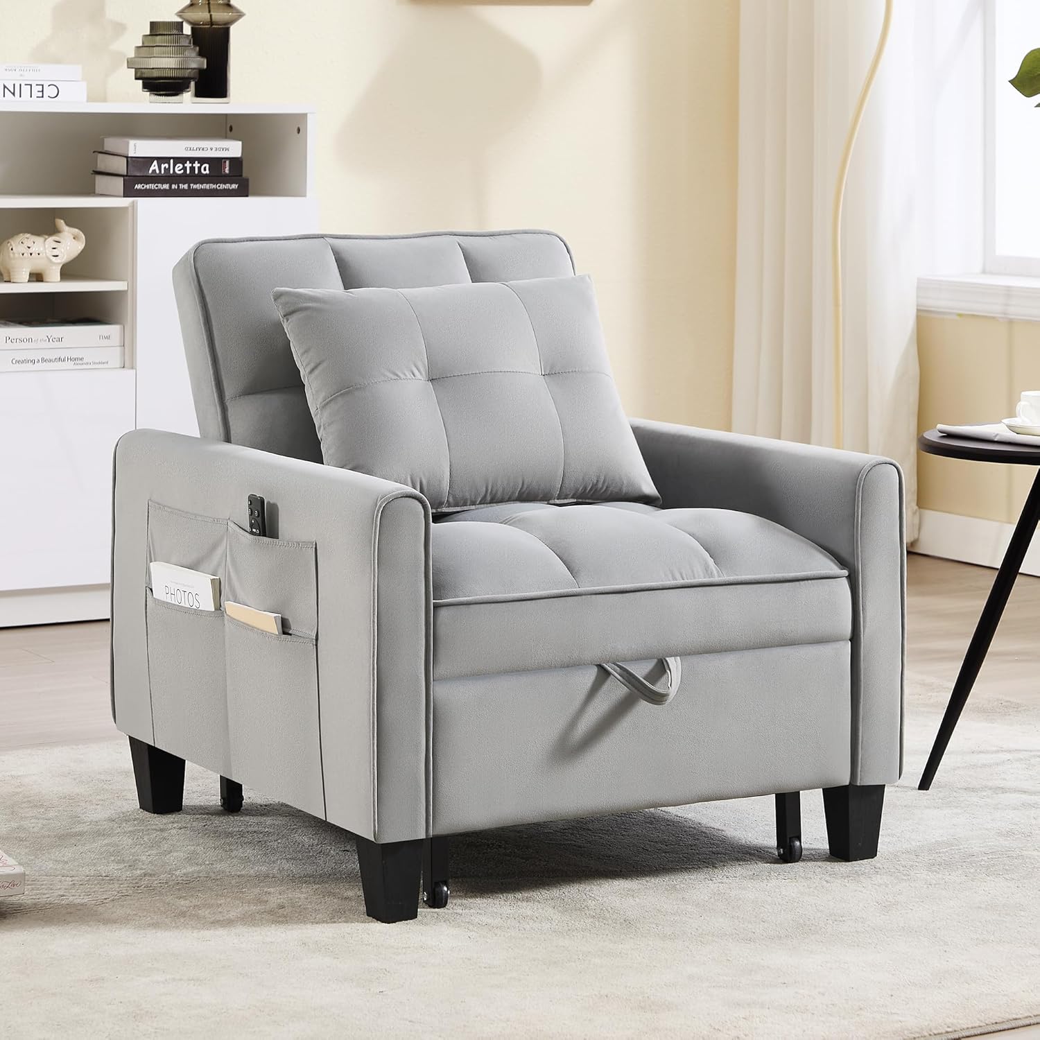 Convertible Sleeper Chair, 3 in 1 Sleeper Chair Bed Pull Out Sofa Bed Chairs, Velvet Single Sofa Beds with Adjustable Backrest for Adults Reading Living Room, Bedroom, Light Grey