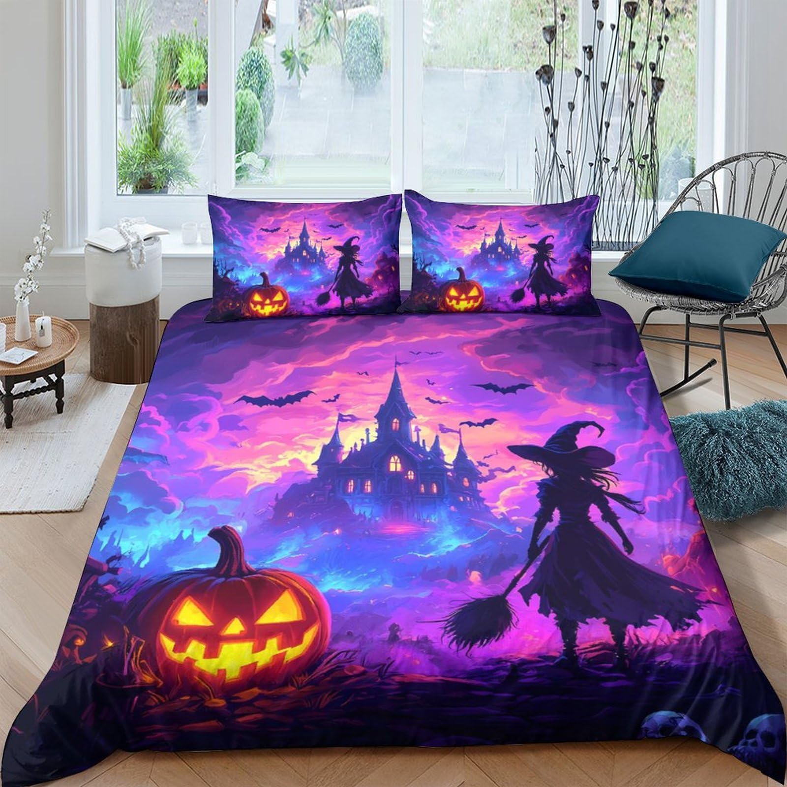 Ctjqhvkz Style-7 3D Printed Halloween Castle Fitted Sheet Microfiber Soft Witch Pumpkin Bed Cover For Bedroom Dorm Room Decor Single（135X200cm）