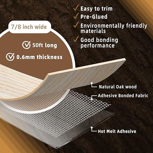 Miniatura 407 de GSCIT Club Bandas de borde de roble, rollo de 1 pulgada x 10 pies de bandas de borde de chapa - Cinta de madera real flexible previamente pegada