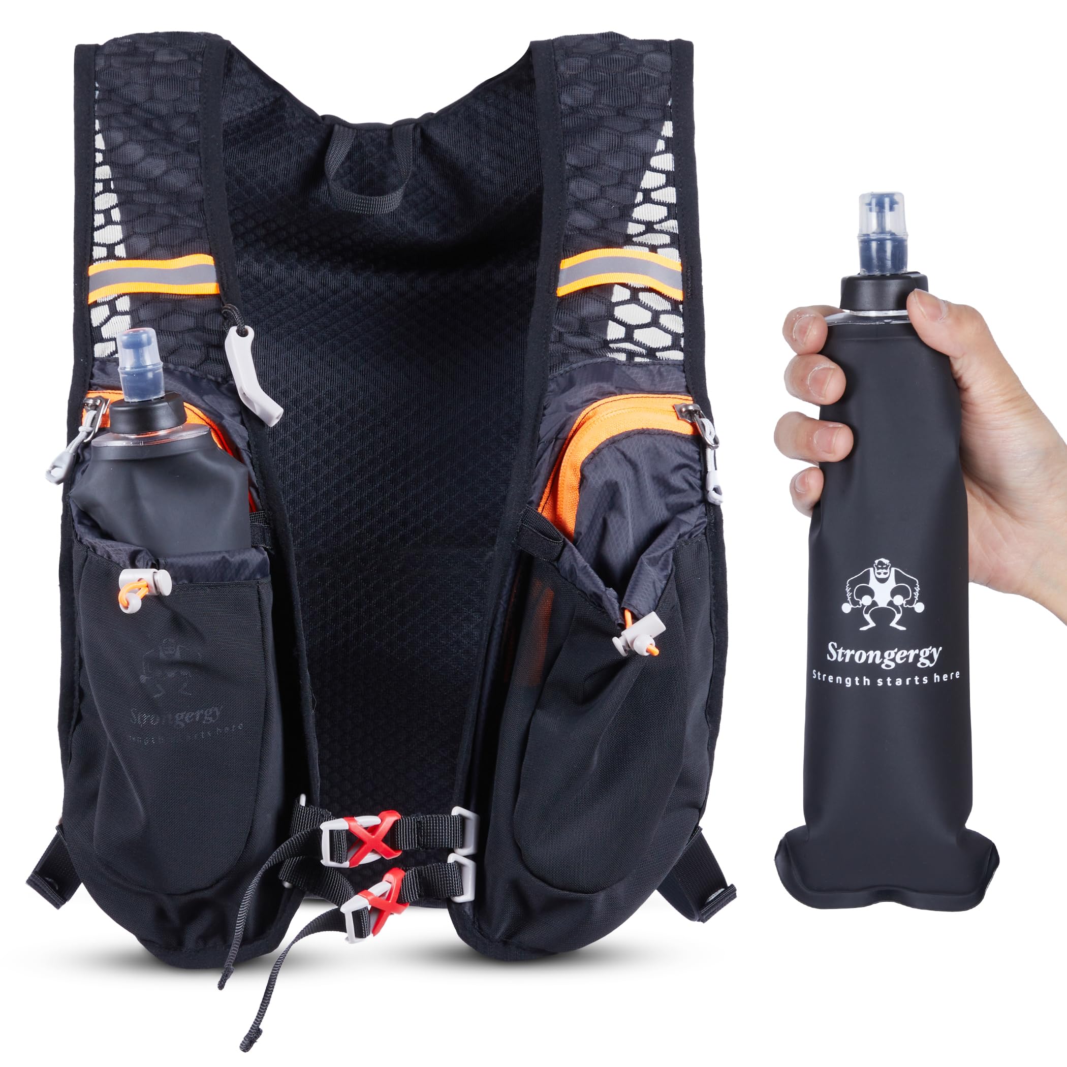 Chaleco Running Hombre y Mujer, Chaleco Hidratación Trail Running 40x22cm, Dos Bolsillos Exteriores, Dos Compartimentos, Botella de 0.5L y Silbato Incluido, Mochila Correr Hombre y Mujer