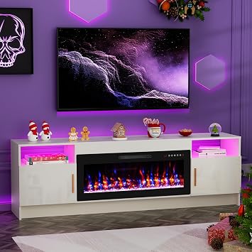 BREEZEHEAT Electric Fireplace TV Stand for 65-80 Inch TV - Entertainment Center with 36" Crystal Fireplace and LED Light - Storage Cabinet, High Glossy Door, TV Console for Living Room, 70" White