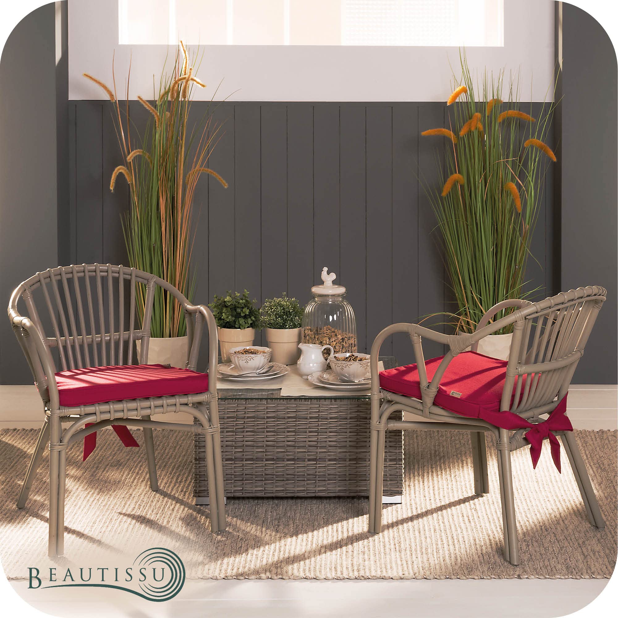 Beautissu 4er Set Stuhlkissen Outdoor Sitzkissen für Rattanstühle Garten | 40x45cm Rot trapezförmig Gartenstuhlkissen Sitzpolster Stuhlauflage gartenkissen Pia