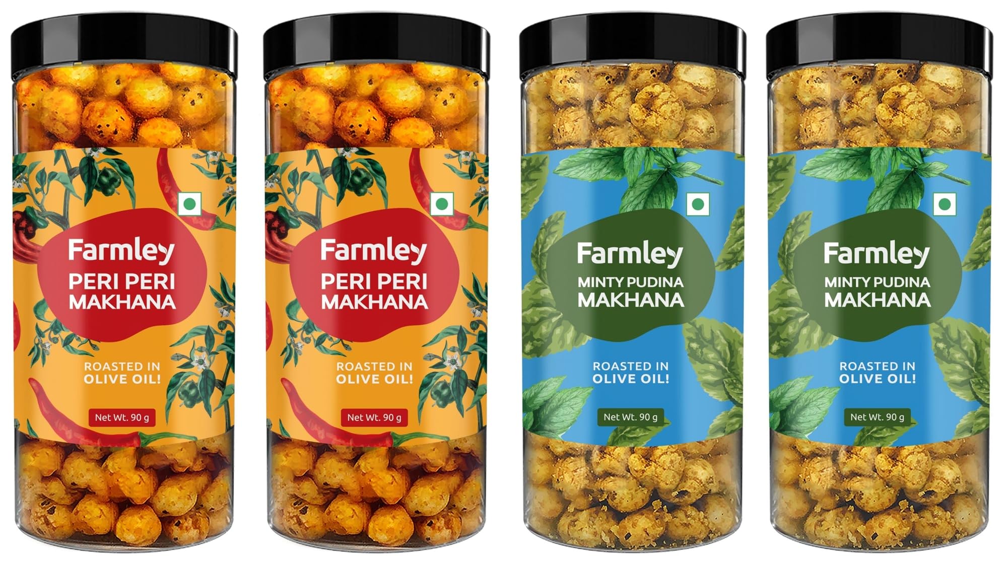 Peri Peri Roasted & Flavored Makhana Jar 180 g (Pack of 2, Each 90 g) & Farmley Minty Pudina Roasted & Flavored Makhana Jar 180 g (Pack of 2, Each 90 g)