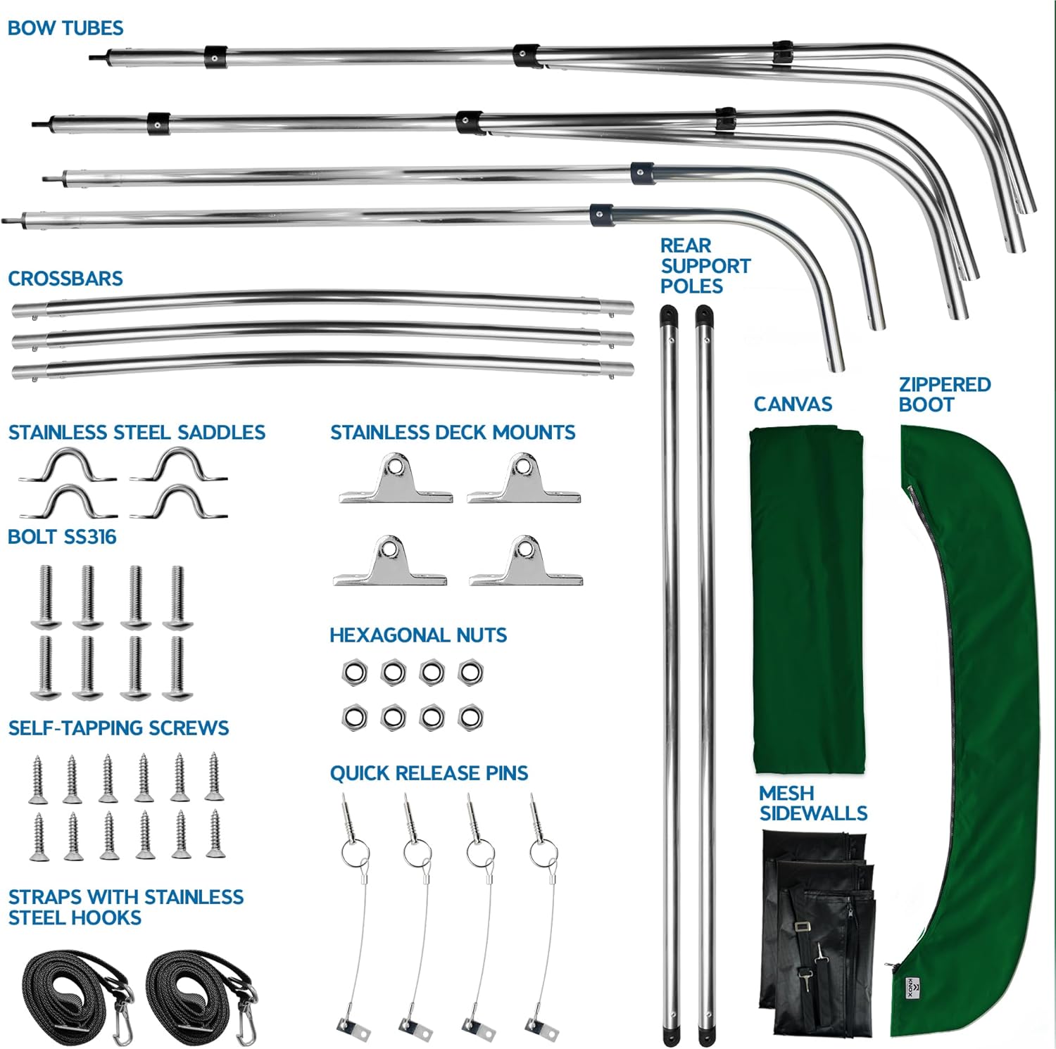 Universal 3 Bow Bimini Tops for Boats with Detachable Mesh Sidewalls, 900D Marine Canvas, Sun Shade Boat Canopy Kit, Bimini Top Hardware, Frame, Support Poles, Storage Boot, 73-78" W, Hunter Green
