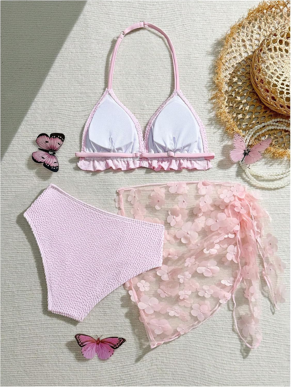Verdusa Girl's 3 Piece Cute Bathing Suits Halter Bikini Set Swimsuits with Floral Cover Up Skirt for Teen Tween