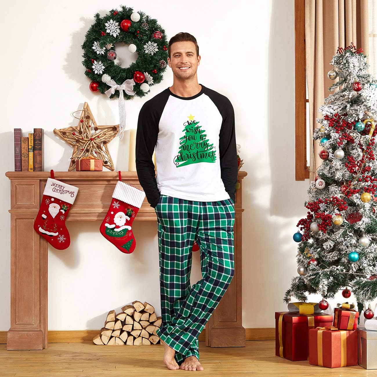 IFFEI Family Christmas Pajamas Matching Sets PJ's Sleepwear Printed Top and Plaid Pants with Pockets