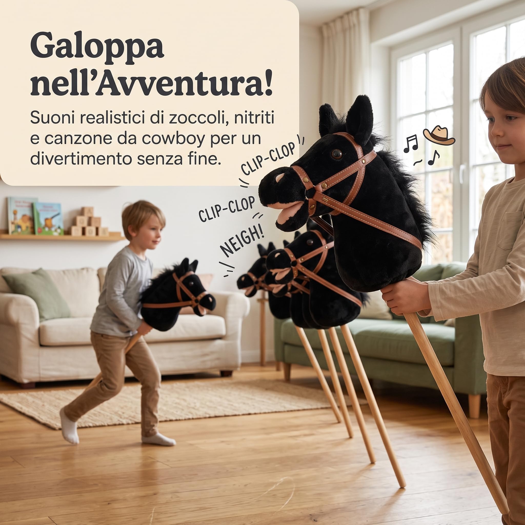 Hobby Horse Cavallo Bastone Realistico con Effetti , Cavallo Giocattolo Cavalcabile per Bambini , Nero , Bastone di legno + accessori maniglia non rimovibili