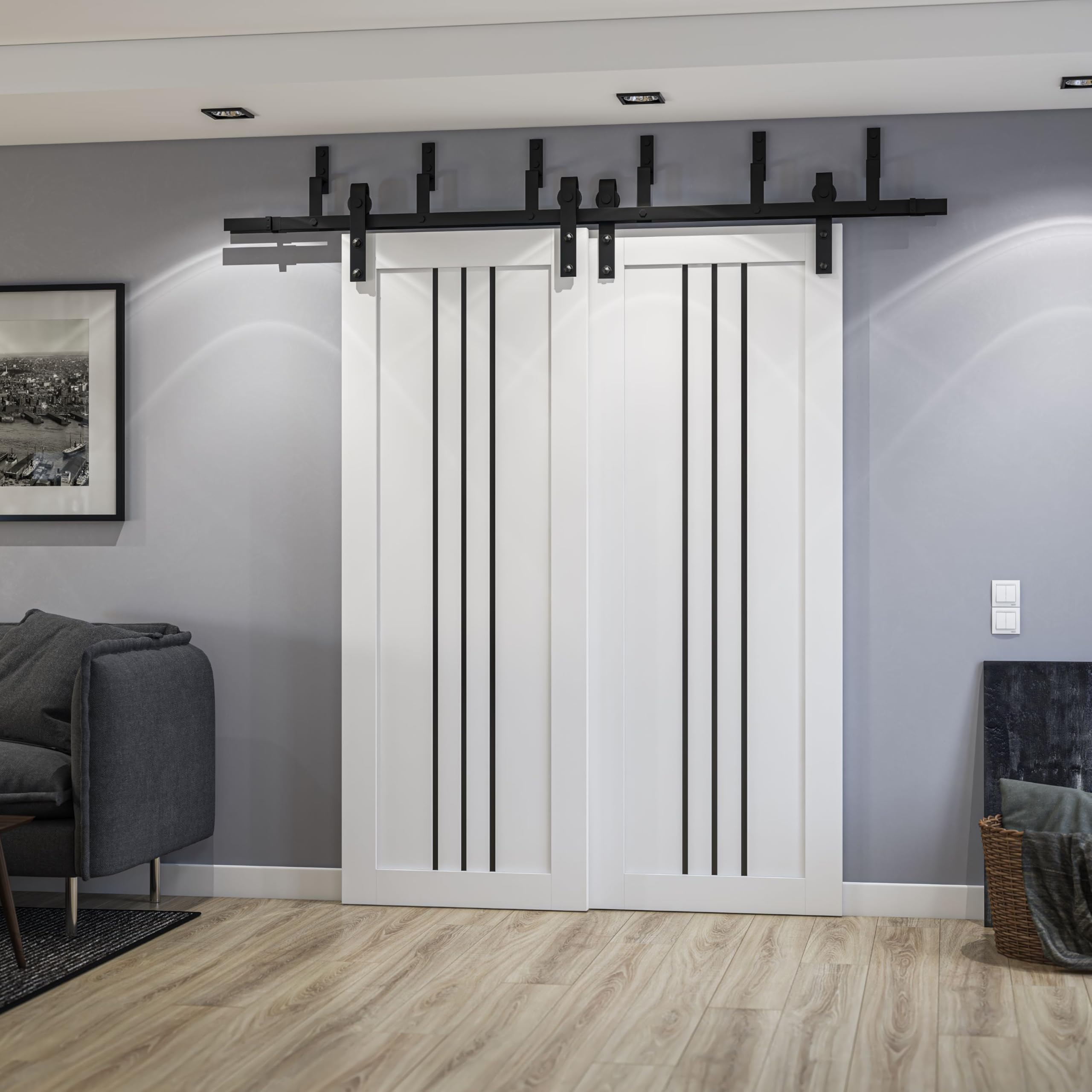 SARTODOORS Sliding Closet Doors 48 x 80 inches | Base 6094 White Barn Bypass/Black Rail | Opaque Glass MDF Modern | Closet Bedroom