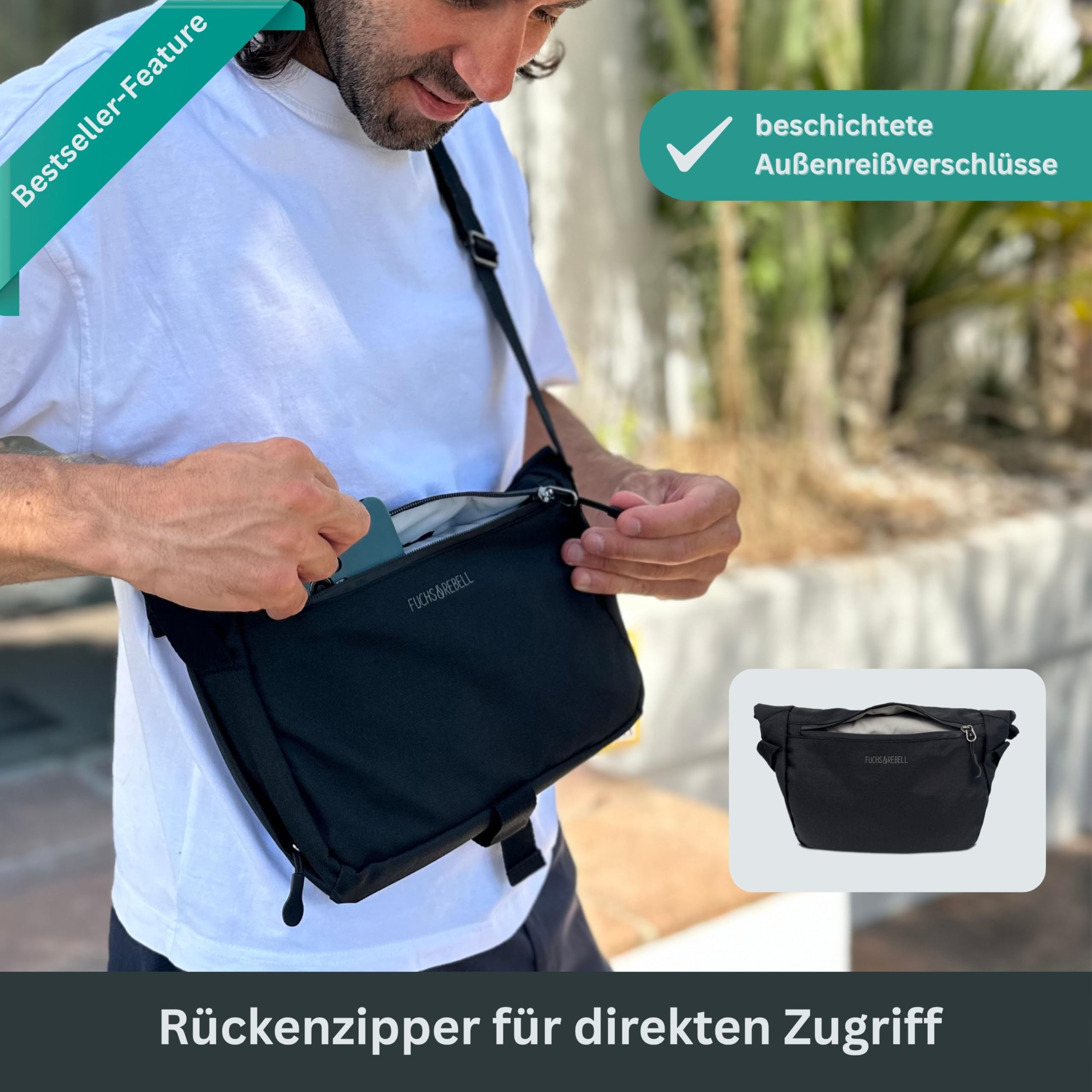 FUCHS & REBELL® Crossbody Fahrrad Tasche LUCA mit Rolltop (4,5-8L) | 3-Punkt-Gurt-System für mehr Stabilität, Robuste Magnetschnallen, Viele Fächer, Flexibles Volumen (4,5-8L)