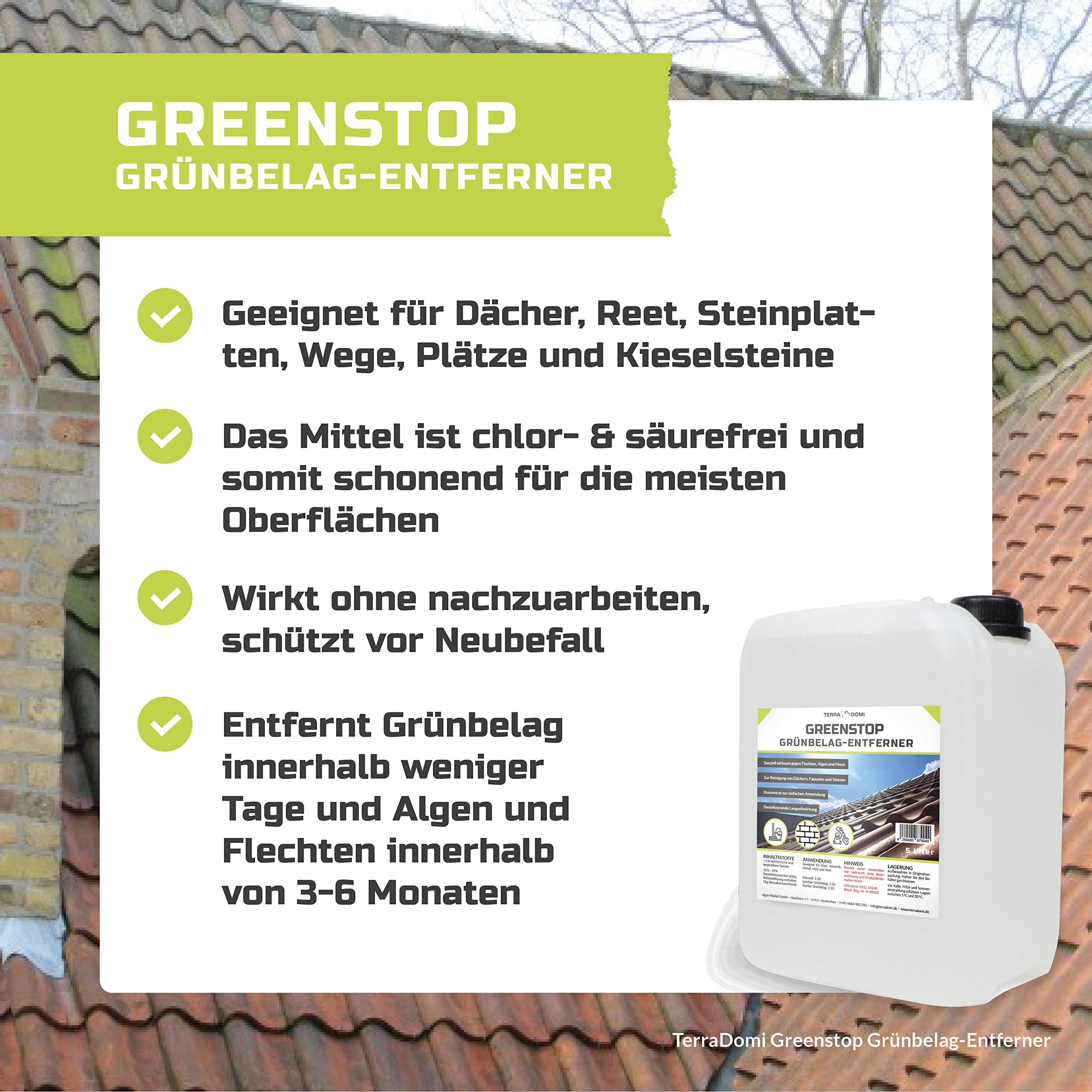 TerraDomi 5 Liter Greenstop für 1500m² I Grünbelagentferner 1:50 Konzentrat gegen Flechten und Algen I Dach- und Steinreiniger I effektiver Fassadenreiniger | A.K.B. …