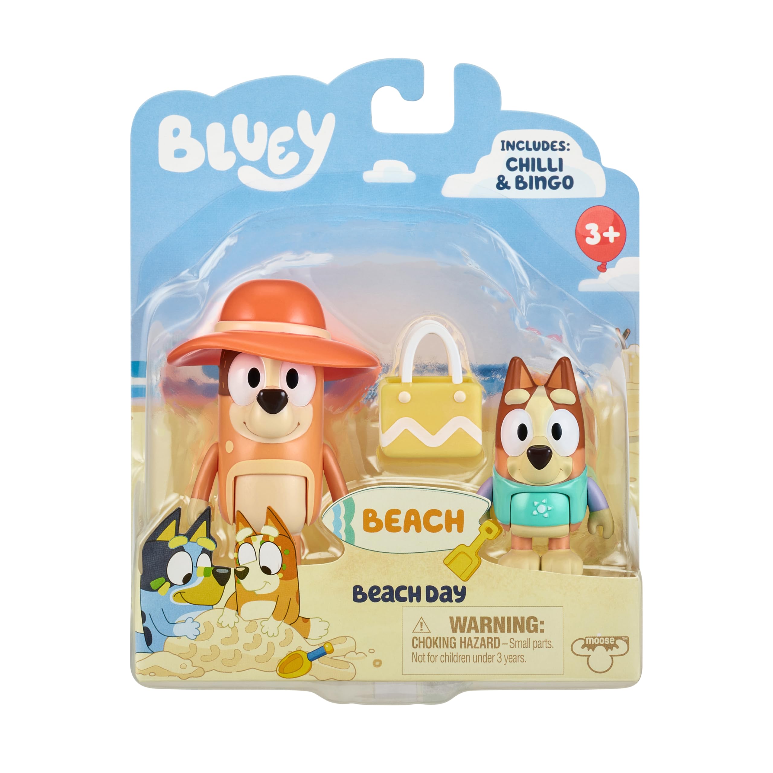 Bluey Toys 2-Pack Exclusive 2.5" Chilli & Bingo Beach Figurines, Poseable Figures with Bag Outdoor Beach Toy for Kids Accessory