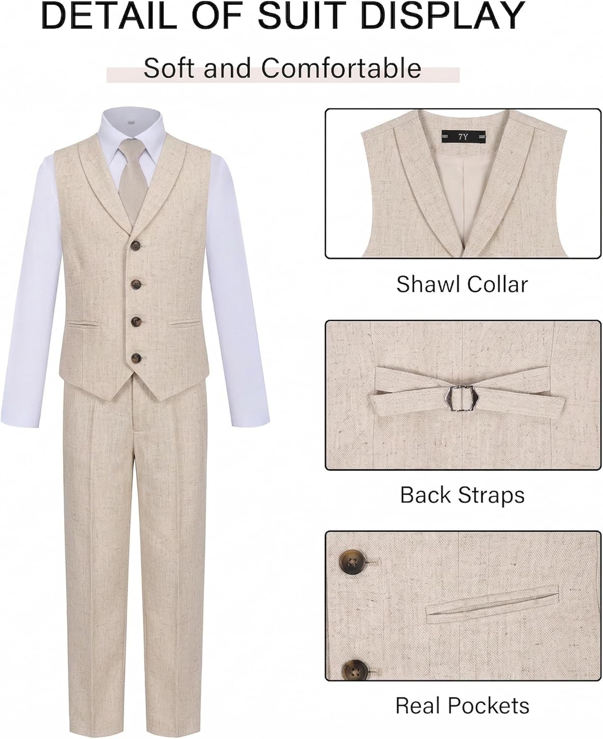 Boys Linen Suits for Boy Slim Fit 4 Pcs Vest Pants Tie Beach Summer Lightweight Set for Teens Dress Clothes Wedding Outfit