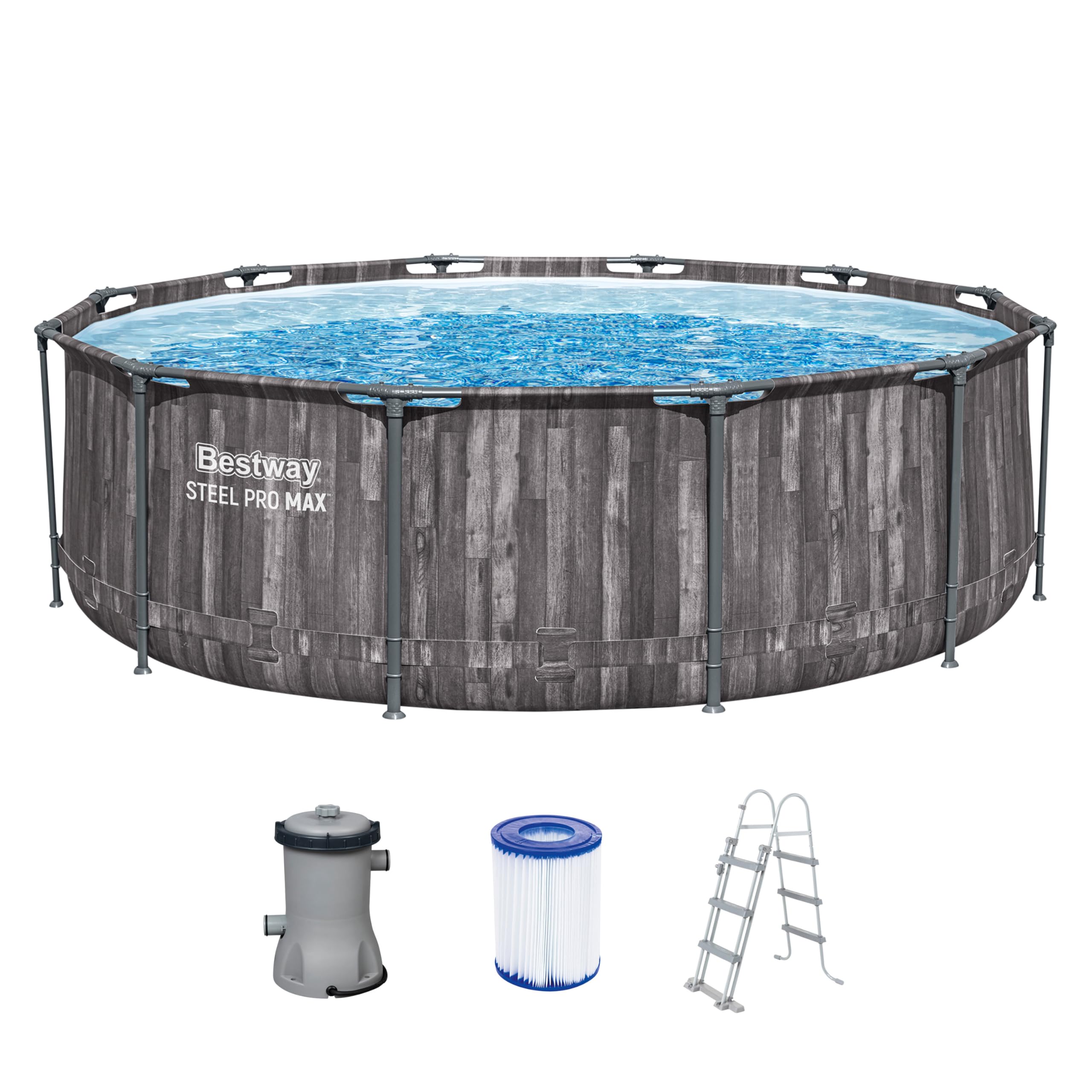 Bestway Steel Pro MAX Frame Pool-Set mit Filterpumpe Ø 366 x 100 cm, Holz-Optik (Mooreiche), rund