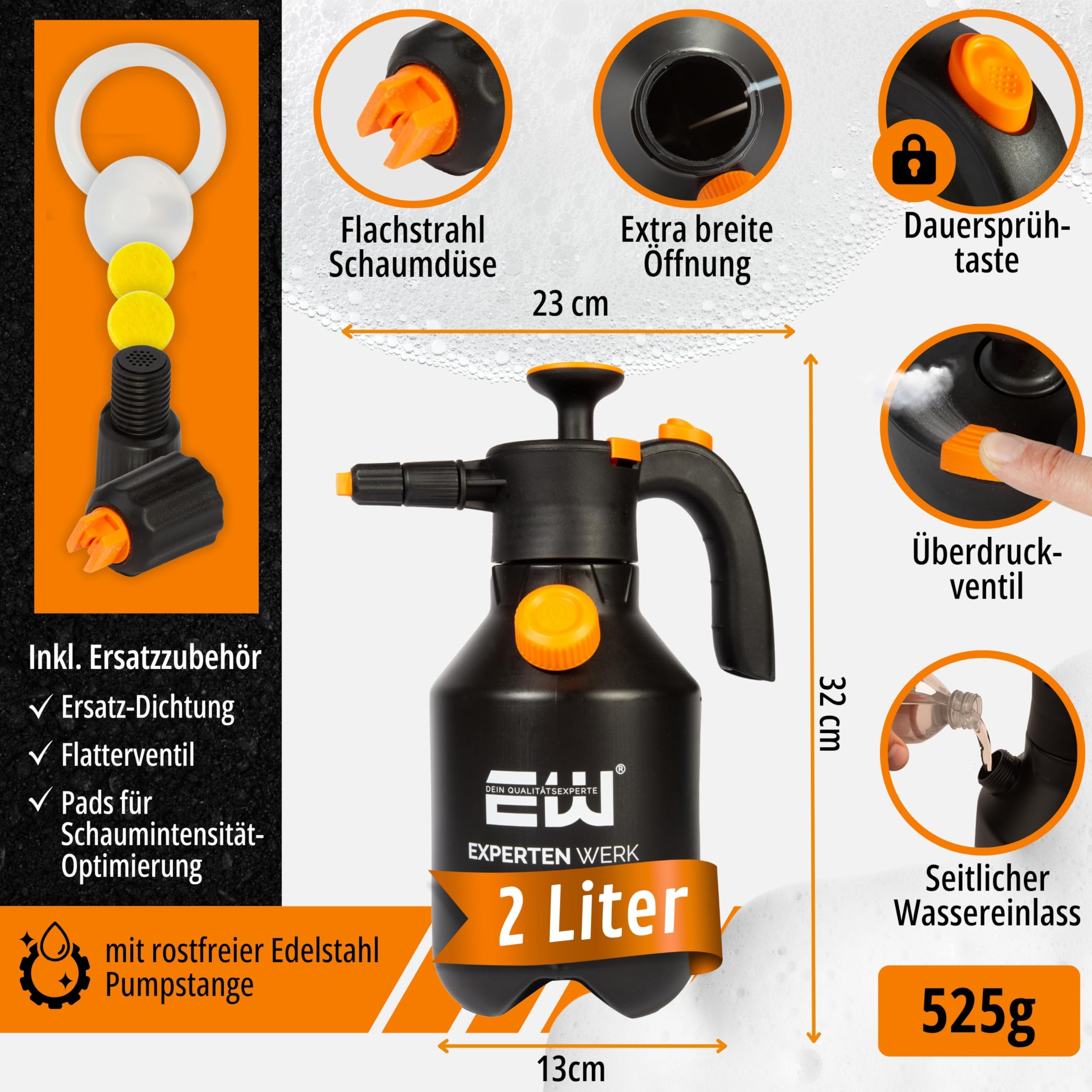 EXPERTENWERK Premium Schaumsprüher 2L - Drucksprüher mit individuell anpassbarem Schaum & Überdruckventil für Autowäsche. Auto Schaum-Sprüher, Pumpsprüher mit Schaumdüse für Kfz, Haushalt, Gartenmöbel