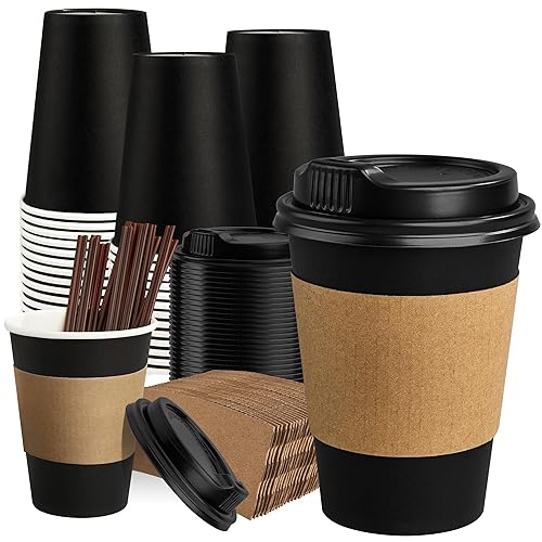 RACETOP Coffee Cups with Lids 12 oz 100 Pack, Black
