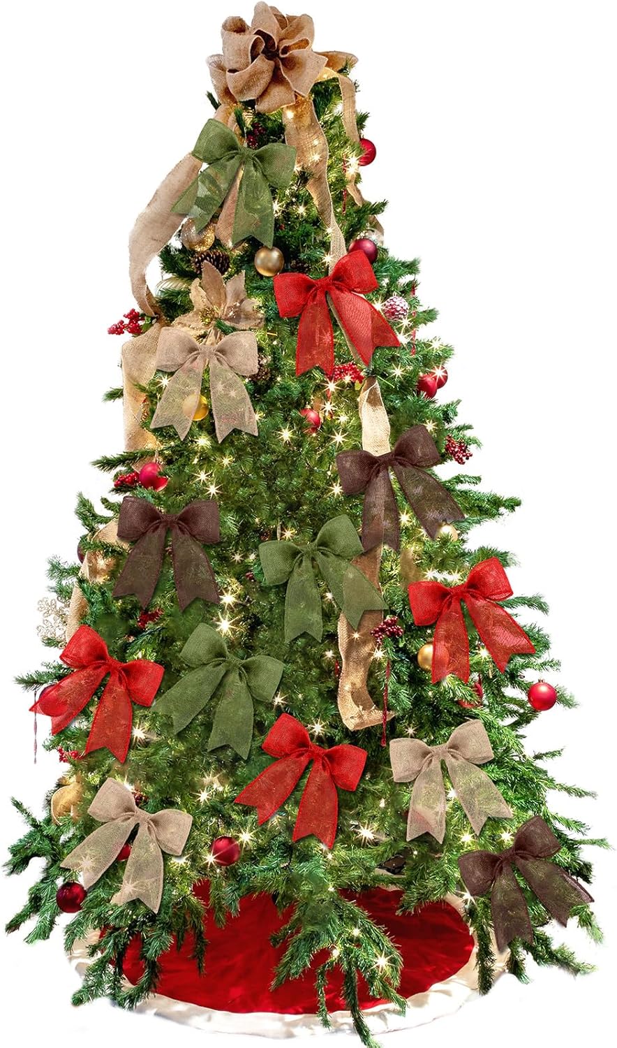 8 Rolls 44 Yards Christmas Wired Edge Ribbons Christmas Fabric Wired Burlap Rolls Natural Burlap Weave Ribbon in 4 Colors for Holiday Decoration Present(2.4 Inch)