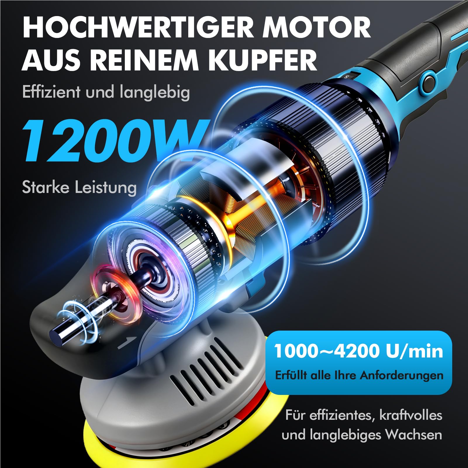 Poliermaschine Auto Professional Set, 150mm 1200W Exzenter Poliermaschine, 8 Geschwindigkeiten1000-4200RPM, 2M Kabel, Abnehmbarer D-Griff und Seitengriff, zum Polieren von Auto, Möbeln