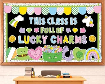 St. Patricks Day Bulletin Board Decoration Lucky Shamrock Clover Rainbow Gold Coin Irish Clover Cutouts March Classroom Bulletin Board Set for School Chalkboard Wall Door Decoration Favor