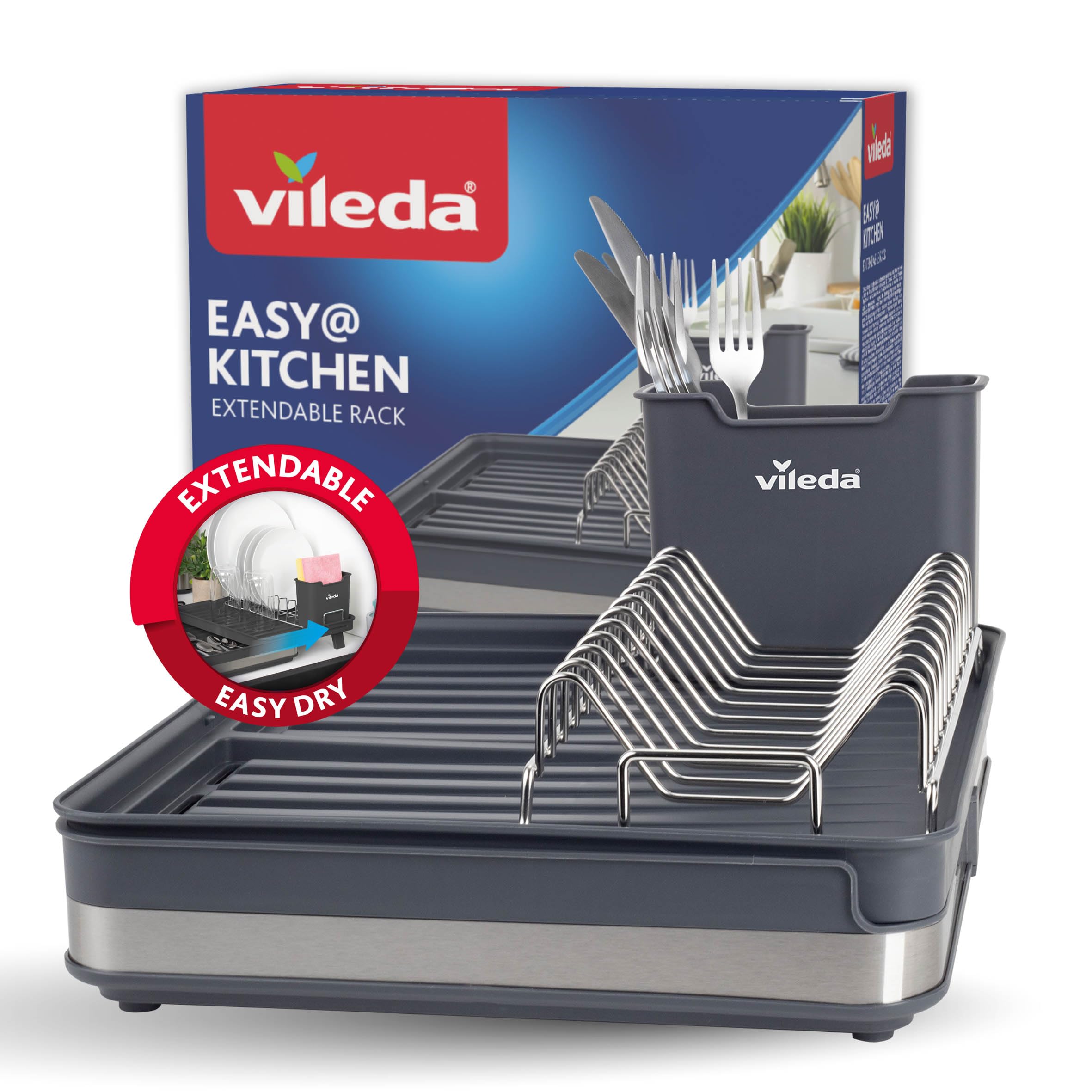 Vileda Stoviglie Scolapiatti - Scolapiatti da lavello estensibile, antiruggine e durevole - Scolapiatti da Appoggio indipendente - Design Salvaspazio, perfetto per Piatti, Bicchieri e altre Posate