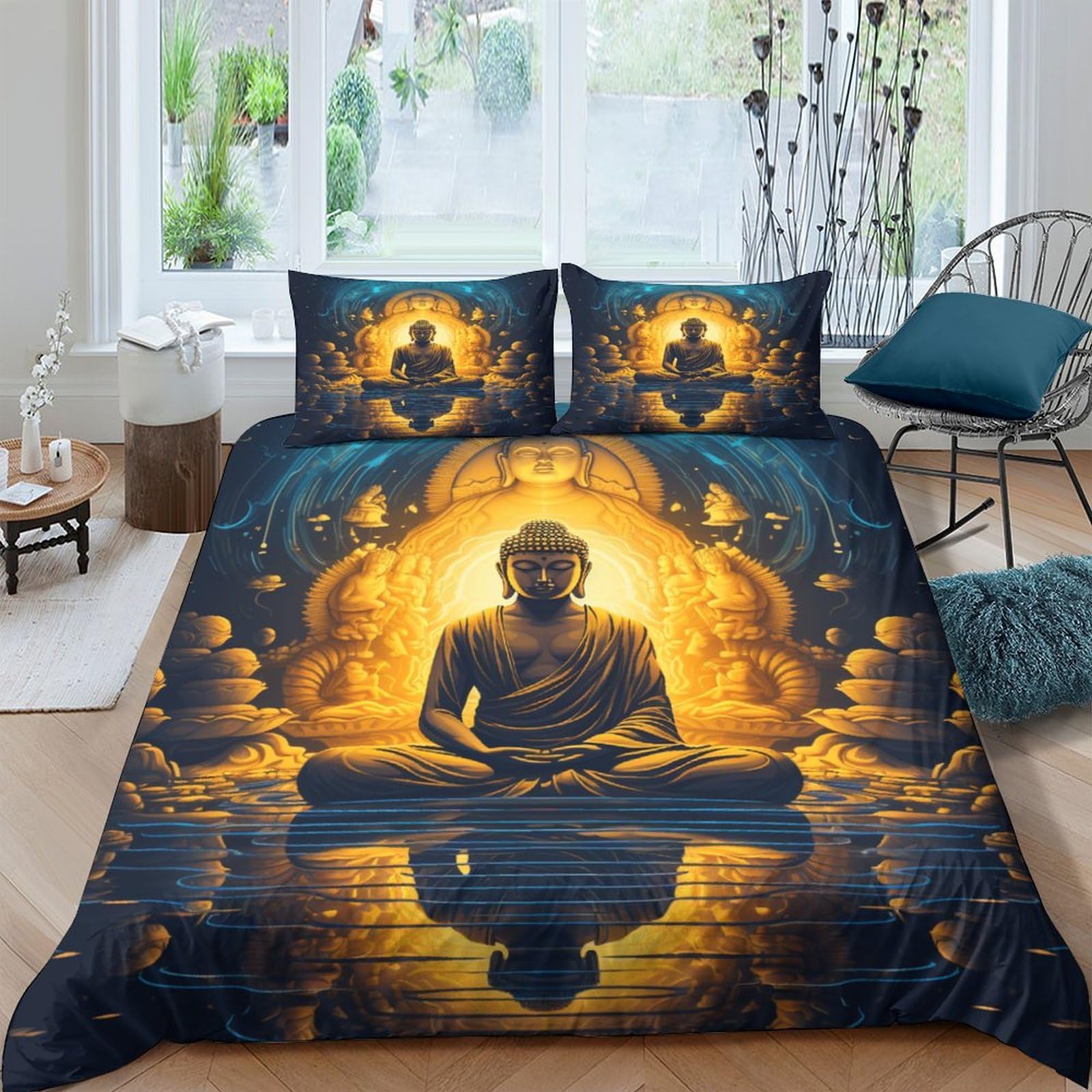 Aaharya Buddha Duvet Cover Set, 3 Piece Bedding Set Print Duvet Set Soft Quilt Cover With Pillowcases Double（200X200cm）
