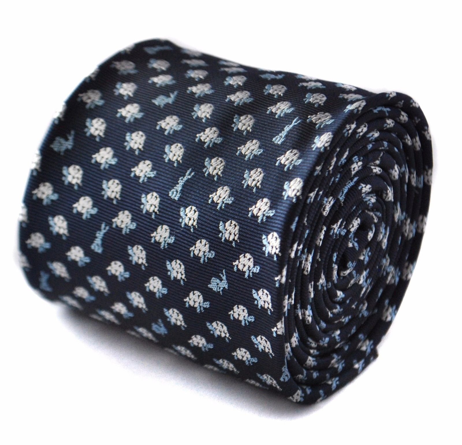 Frederick Thomas Men's Navy Tie With Hare And Tortoise Embroidered Design With Signature Floral Design To The Rear