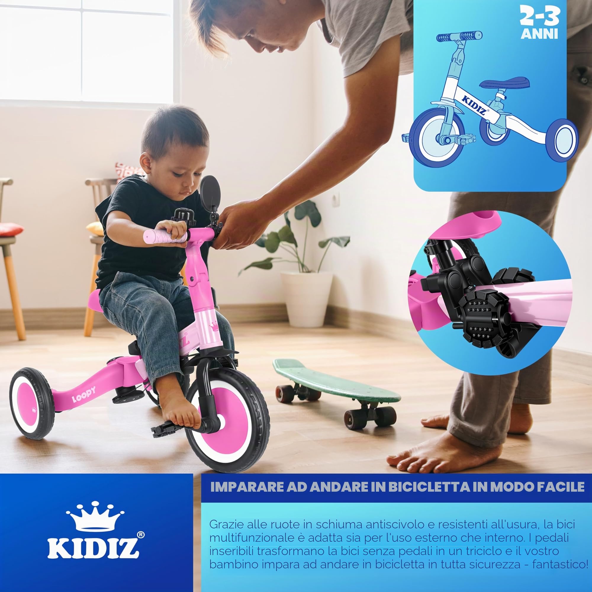 KIDIZ® 6in1 Balance Bike - Triciclo, Triciclo per Bambini, da 1 a 5 anni, capacità di carico fino a 25 kg, incl. Manubrio/Barra di sicurezza/Cintura di sicurezza/Campana e Specchio, Rosa
