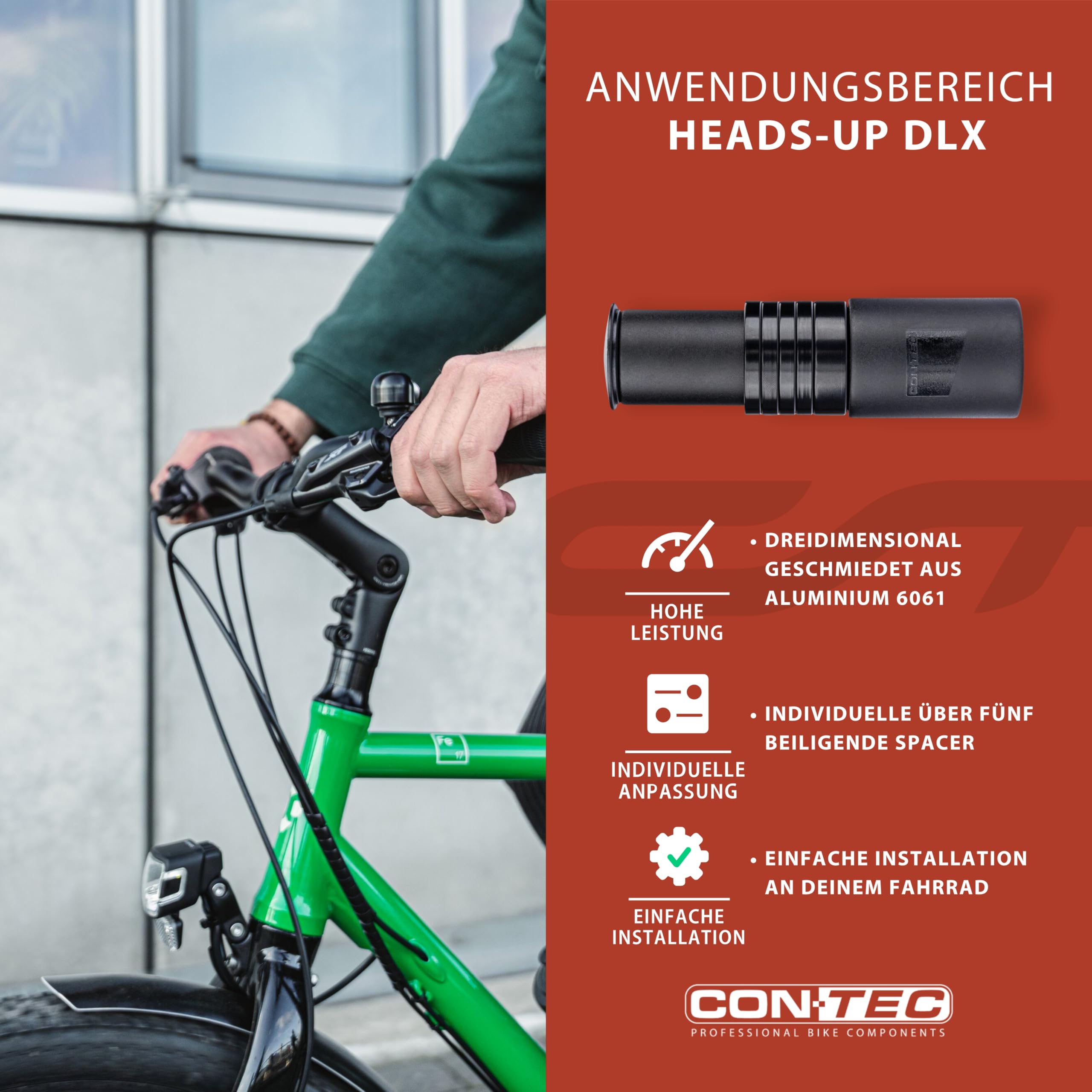 CONTEC Fahrrad-Gabelschaftverlängerung Heads-Up DLX, Lenkererhöhung für 1 1/8" Ahead-Gabel, 5 Spacer, Aluminium, 67 mm höhenverstellbar, robust