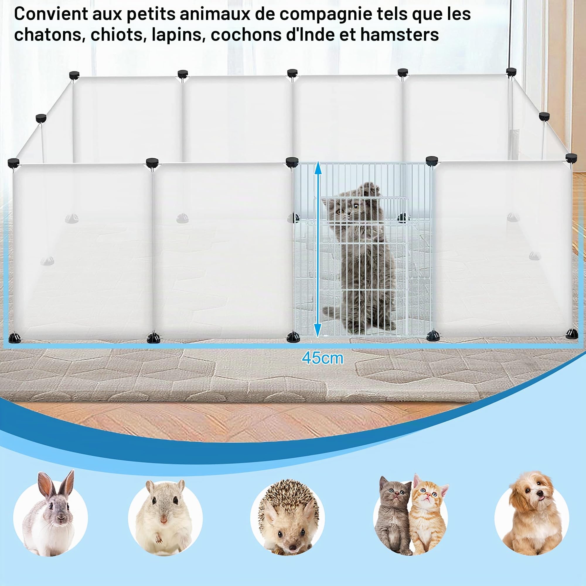 UISEBRT Enclos grillagé pour lapins, cochons d'Inde, cage pour petits animaux, avec porte, enclos pour chiots et petits animaux, enclos pour l'intérieur et l'extérieur, 145 x 75 x 48 cm, transparent