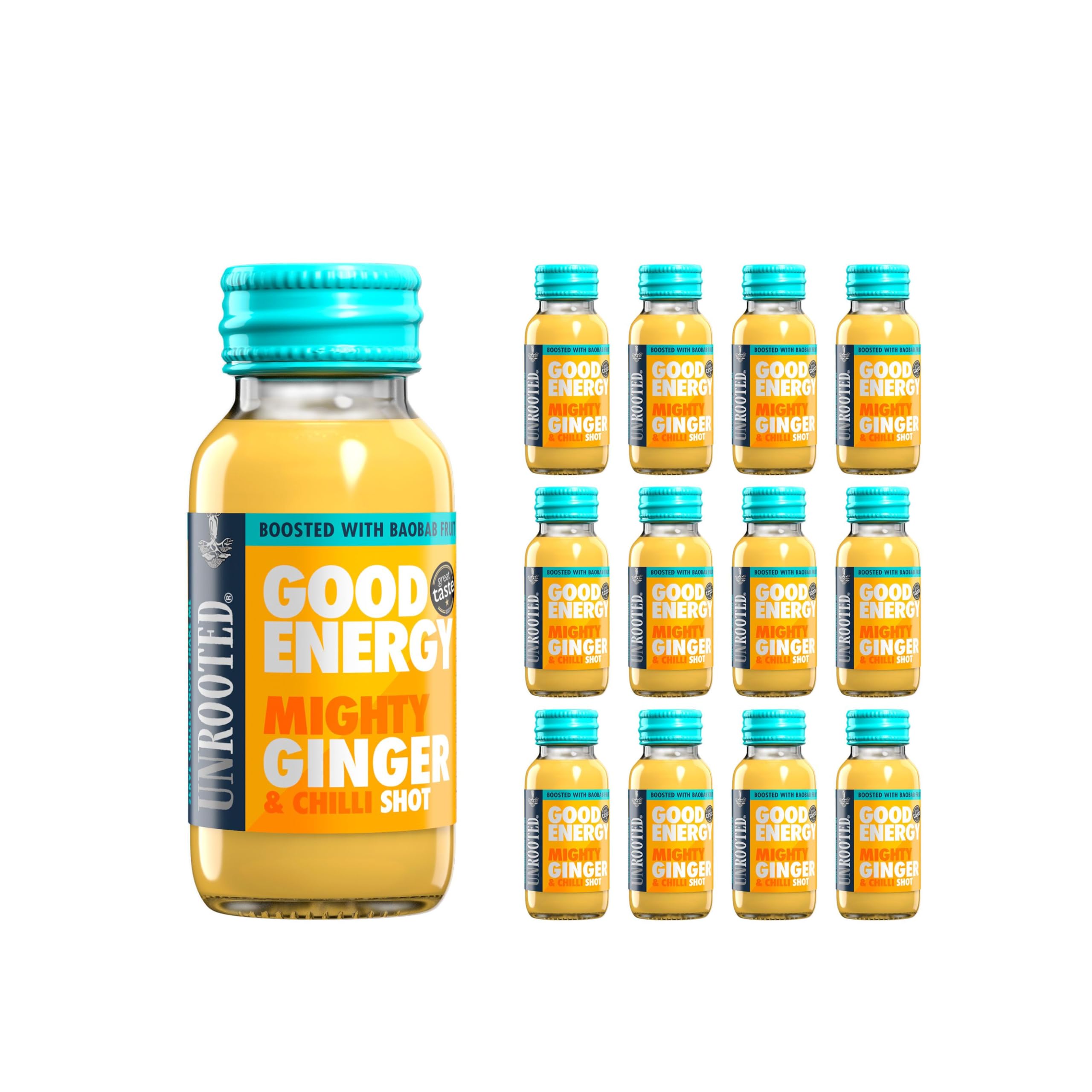 UNROOTED Mighty Ginger Shots Multipack - Immune System and Natural Energy Booster - 12 x 60ml Bottles - Ginger, Turmeric, Chilli & Baobab