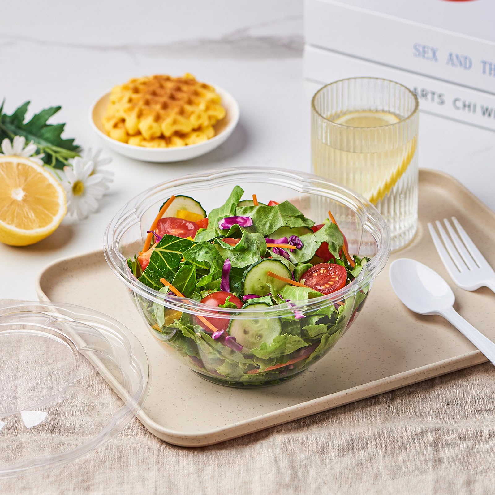 Jaluxing Juego de 150 cuencos de ensalada de plástico transparente de 32 onzas con tapas herméticas, desechables para llevar, recipientes para mezclar para frutas, quinua, almuerzo y preparación de