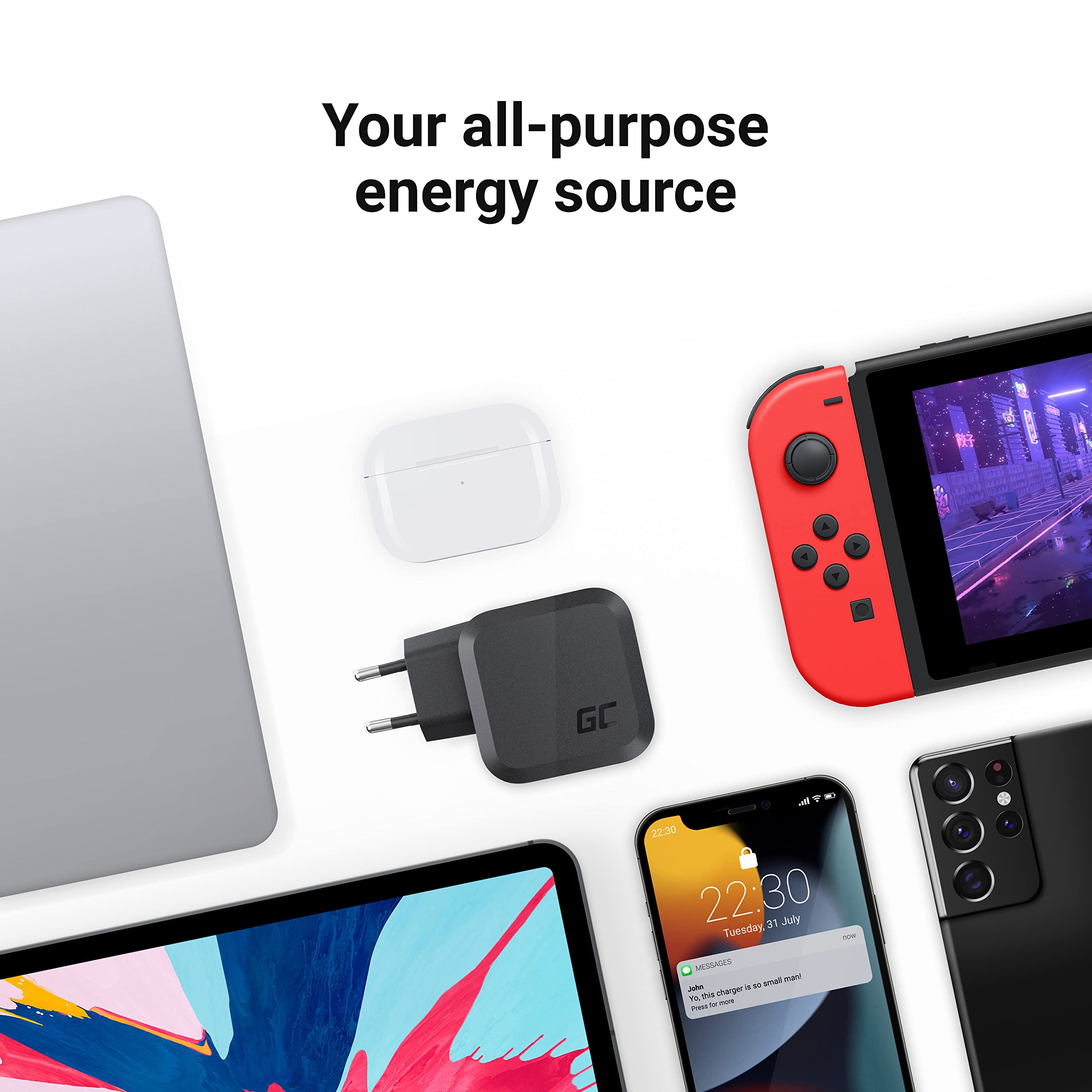 Green Cell Ładowarka sieciowa 65W PowerGaN z 2x USB-C PD 1x USB-A QC 3.0, kompatybilna z PPS, Samsung AFC, Huawei FCP/SCP do MacBook, iPhone, iPad, Galaxy S22/S21 Xiaomi, Dell, Nintendo Switch, Lenovo