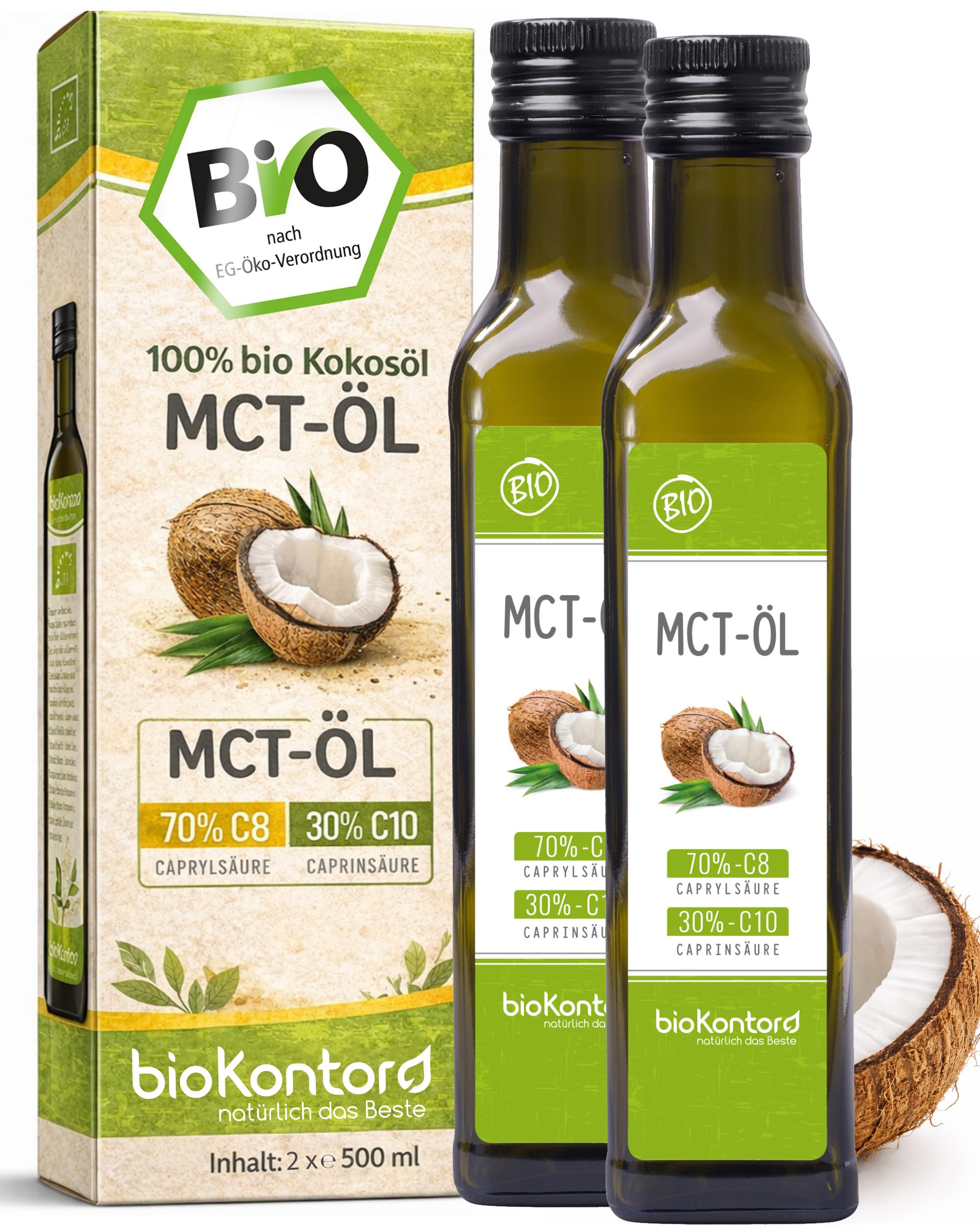 bioKontor – Bio MCT Öl 1000ml 1 l (2 x 500ml) – aus 100% bio Kokosöl – MCT C8 C10 Öl mit 70% Caprylsäure & 30% Caprinsäure – geschmacksneutrales MCT Öl – 100% Kokosöl – MCTÖl – vielseitig verwendbar