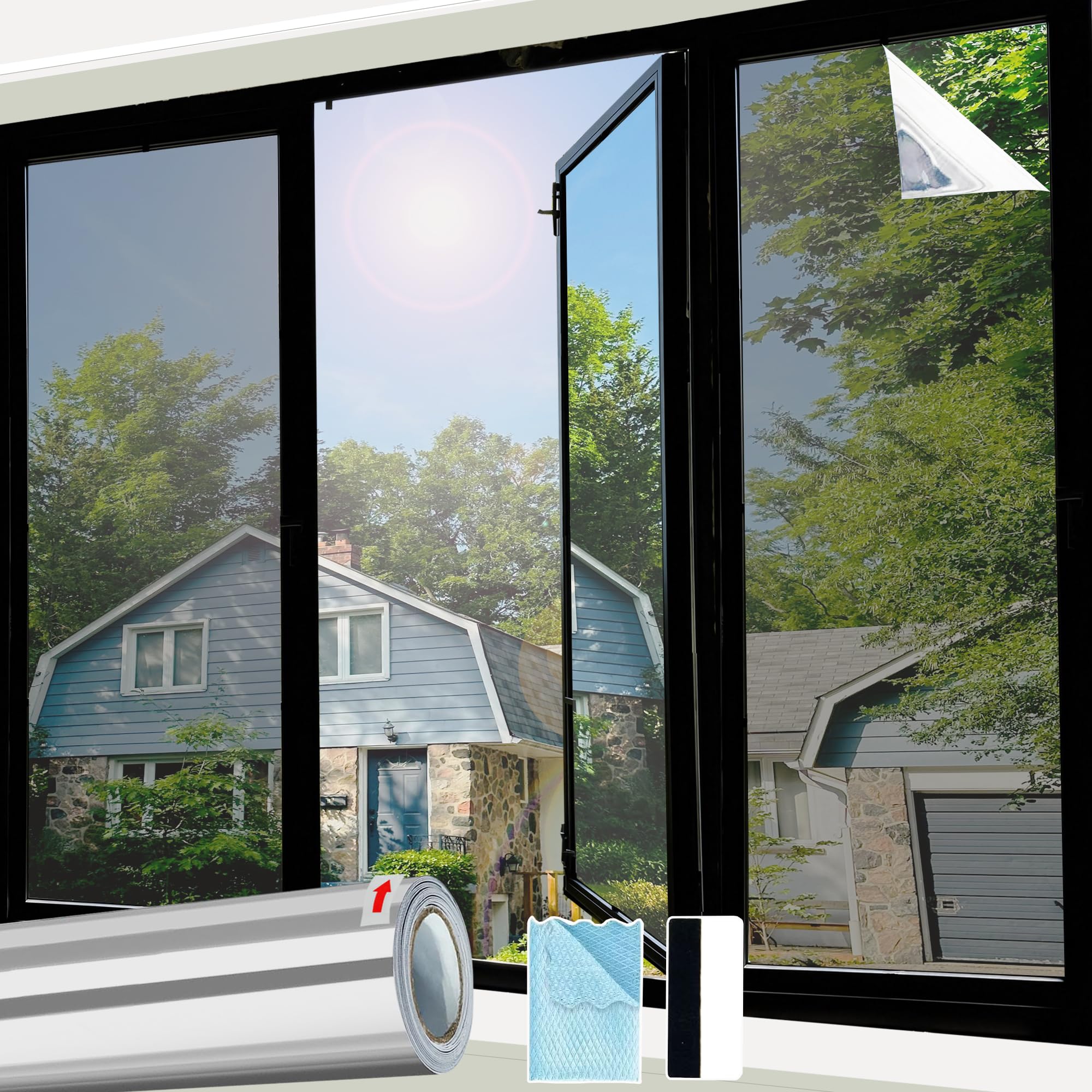 Linarun One Way Window Film 105x400 Window Film Privacy Film for Glass Windows Heat Reflective Daytime See Out Not In Anti UV, Silver, Static Cling — image 1