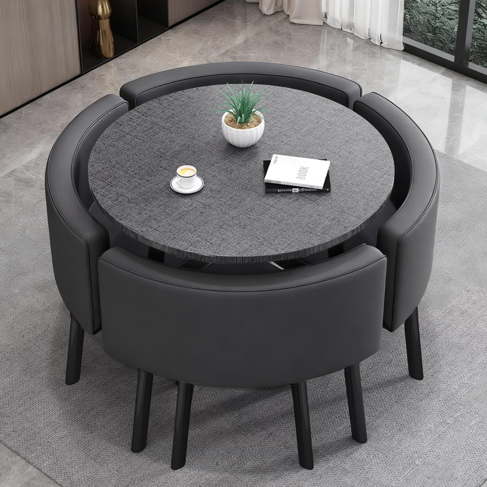 Runder Esstisch mit 4 Stühlen - Essgruppe 5-Teilig Komplettset - Küchentisch Sitzgruppe für für Küche/Esszimmer - Wohnzimmer und Büro 4-6 Sitzplätze (Grey – Round)
