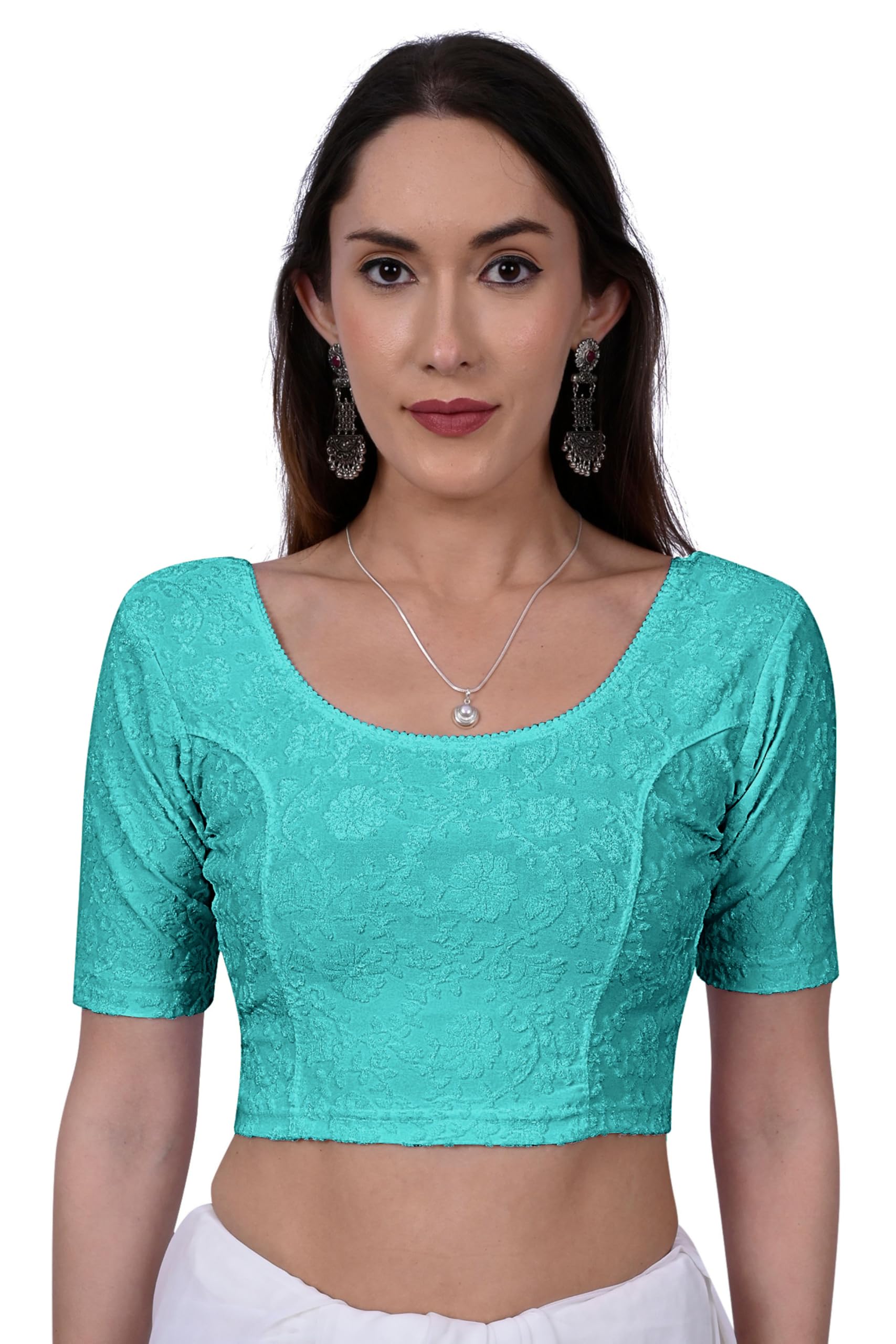 miss wears Women's Regular Fit Readymade Stretchable Floral Jacquard Round Neck Saree Blouse (rozy-Floral-mw-Sky-Blue-ps)-picture-41