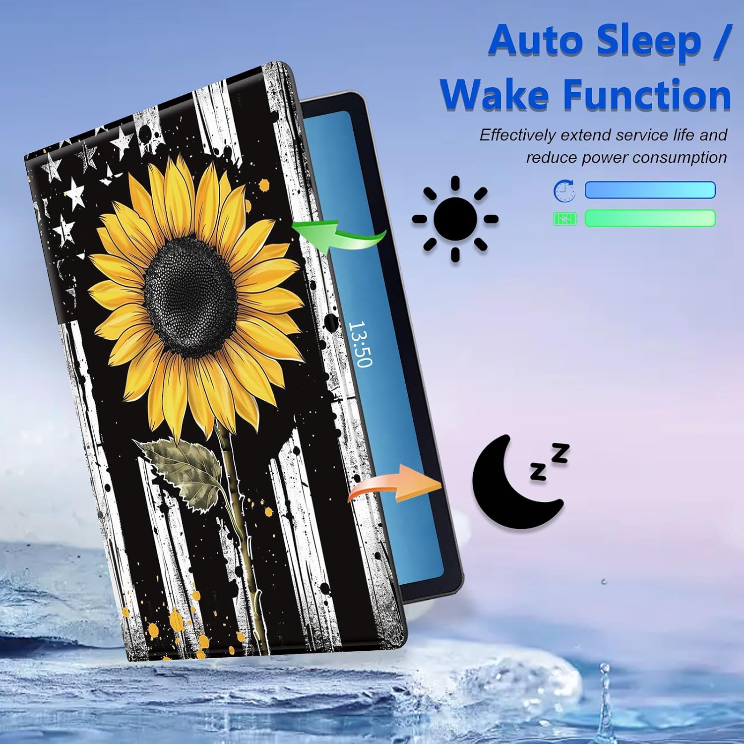 for Samsung Galaxy Tab S9 Plus Case 12.4'' Rotating, Auto Wake Sleep for Samsung S9 Plus/S9 FE Plus Tablet Cover, Leather Case for Galaxy Tab S9 Plus/S9 FE Plus for Woman Man Sunflower Flag