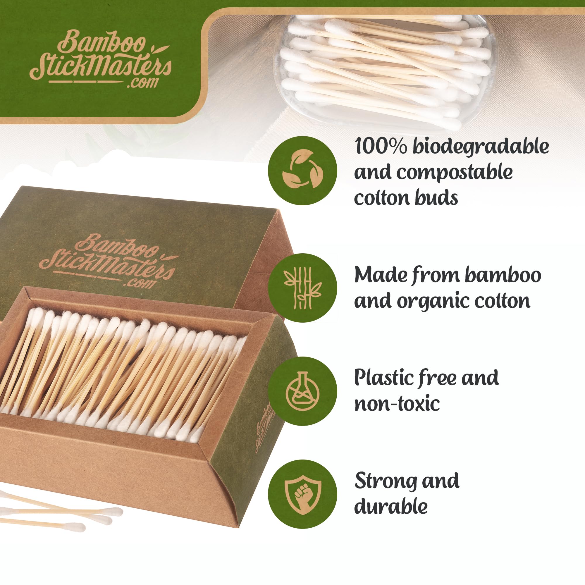 300 cotton fioc di bambù | 100% ecologici Q Tips | Buds per la pulizia delle orecchie in legno naturale | senza plastica | imballaggio ecologico