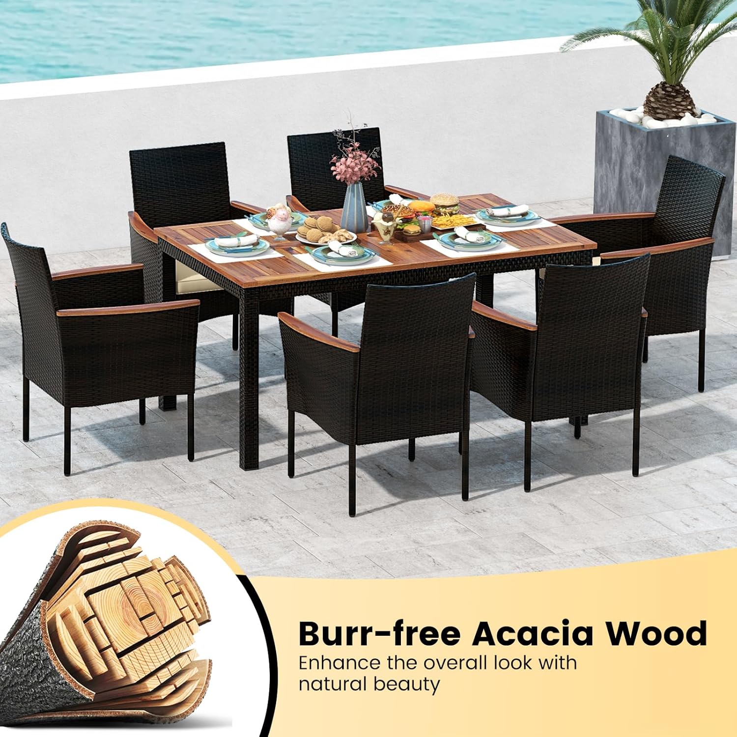 KOTEK Outdoor Dining Set for 6, PE Rattan Wicker Patio Furniture Set with Wood Table & Cushioned Armchairs, 1.96'' Umbrella Hole, Patio Table and Chairs Set for Garden, Backyard, Balcony, Poolside