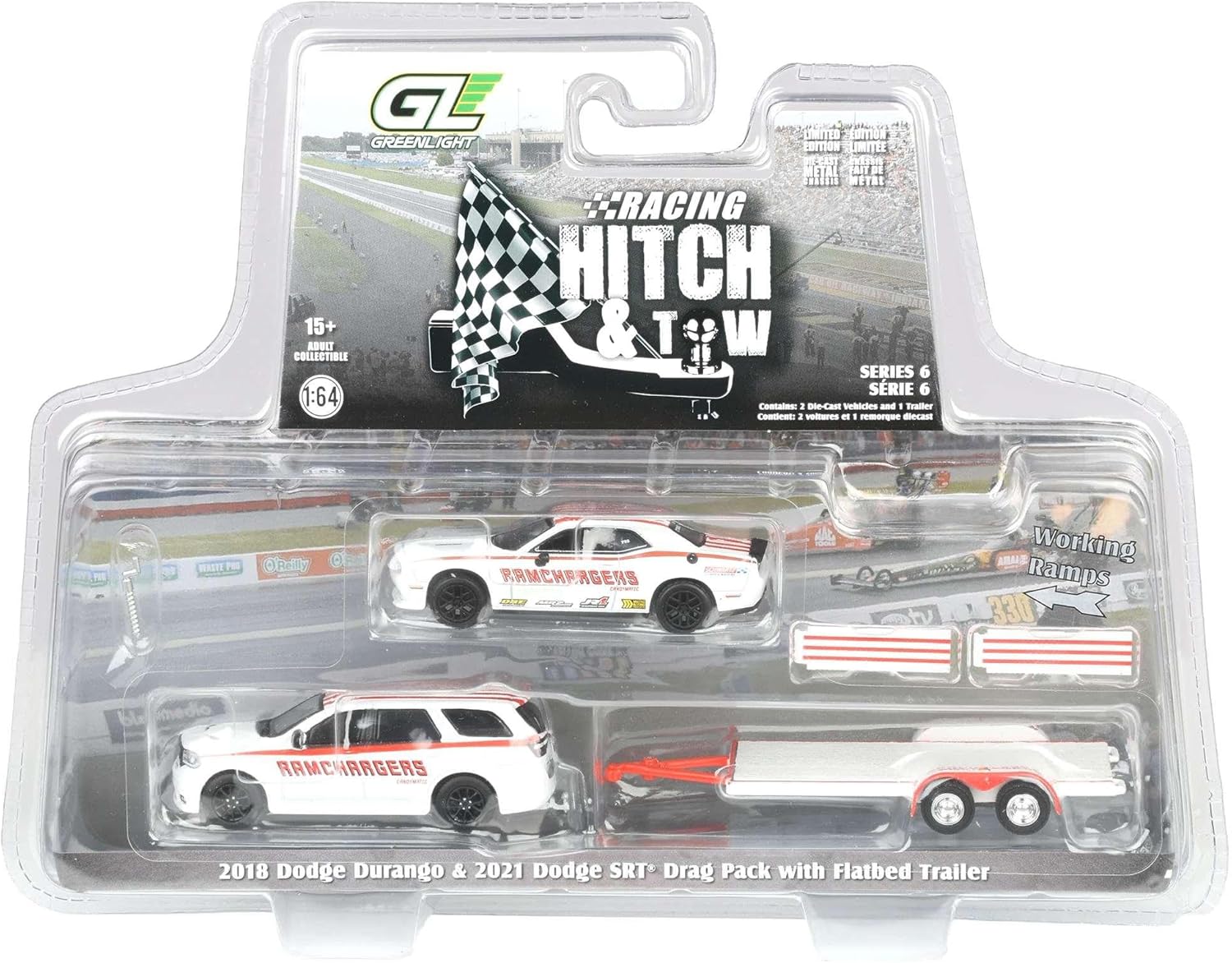 Greenlight 1/64 2018 Dodge Durango with Flatbed Trailer & 2016 Dodge Challenger SRT Hellcat 31190-B