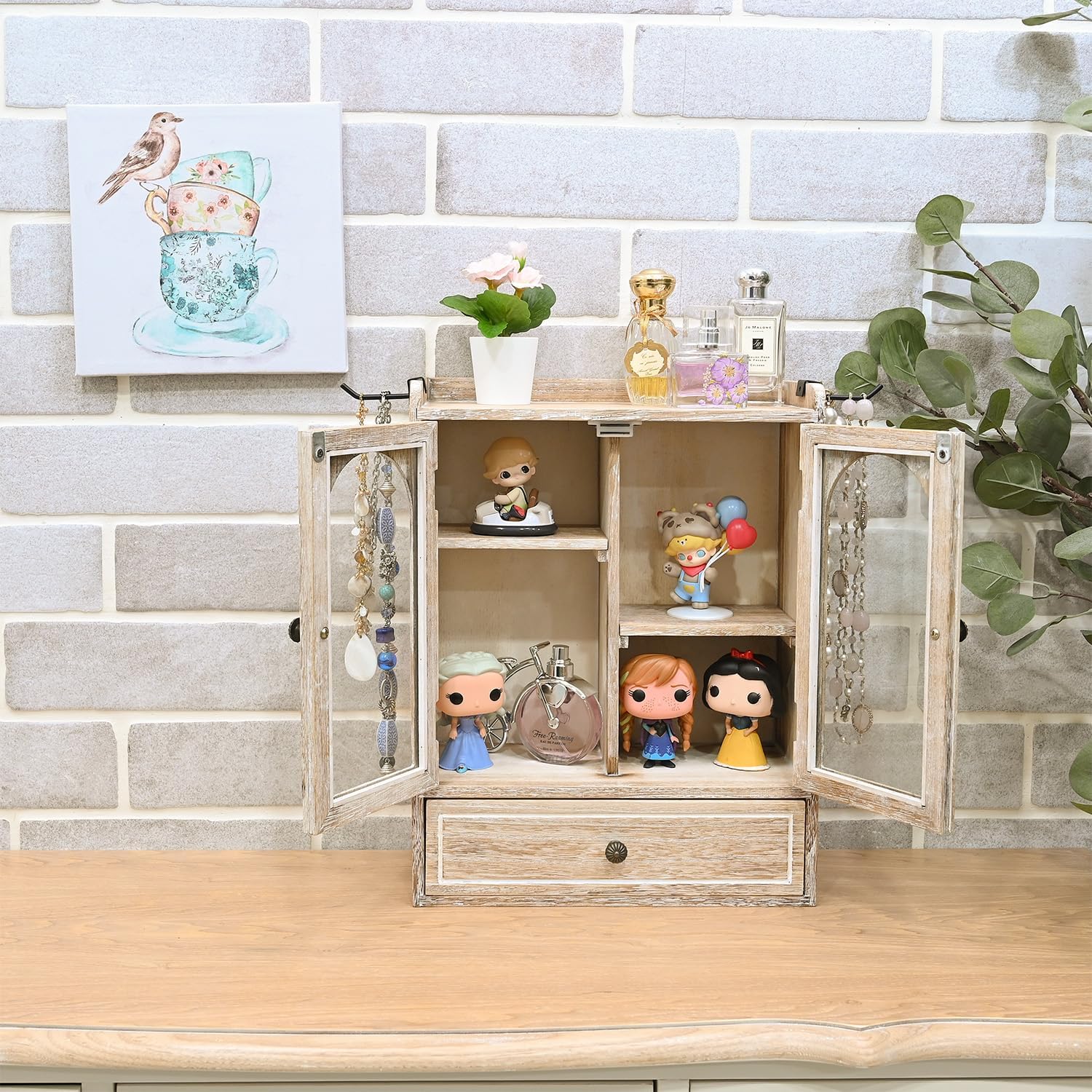 Ikee Design Wooden Countertop Storage Cabinet with Magnetic Door, Adjustable Shelves, Removable Hooks and Drawer for Perfume, Makeup, Pantry, Vintage White, 12.2 W x 6 D x 15.7 H in