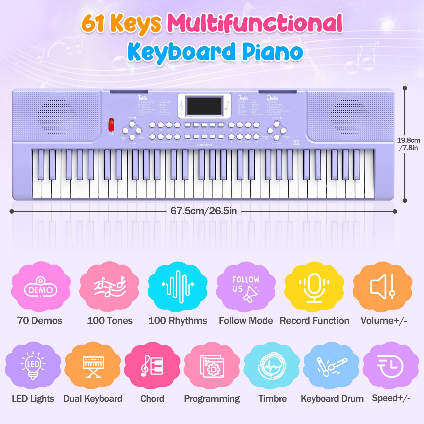 Piano Keyboard, 61 Key Upgrade Kids Pianos Music Toy with Light-up Keys & Pro Teaching Modes, Dual Speaker, 70 Demos,100 Tones, 100 Rhythms Perfect Christmas/Birthday Gift for Kids (Purple)