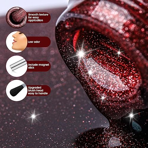 Miniatura 7 de YTD Likomey Juego de Esmalte de Uñas en Gel, Rojo Baya 2 Piezas 15ml Ojo de Gato con Brillo y Conjunto Rojo Sangre Translúcido, Otoño Invierno