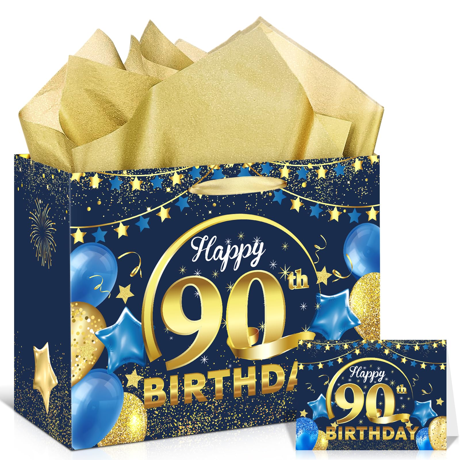 Blue Gold Happy 90th Birthday Gift Bag with Tissue Paper Greeting Card 11.8'' 90th Birthday Wrap Bag for Men Women 90 Year Old Anniversary Party Decorations Goodie Wrapping Bag Presents Decor Supplies
