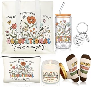 6 Pcs Christmas Occupational Therapy Appreciation Gifts for Women, Thank You OT with17 oz Glass Cup Canvas Tote Makeup Bag, Xmas Birthday Gifts Set for Occupational Therapist