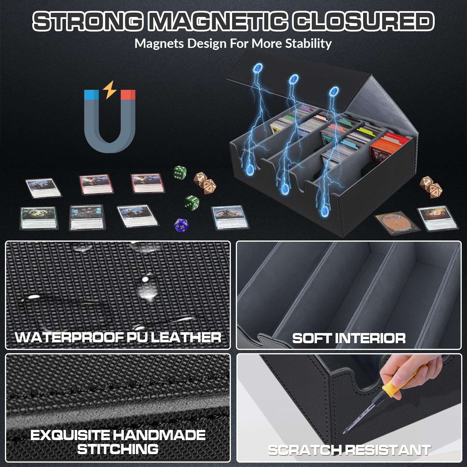 Scatola per Carte per Oltre 3600+ Carte, Scatole per Carte Collezionabili con 48 Divisori Colorato, 5 Blocchi in sSchiuma, 5 Fogli di Plastica, Scatole per Mazzi Magnetici PU per Carte(Nero Grigio)