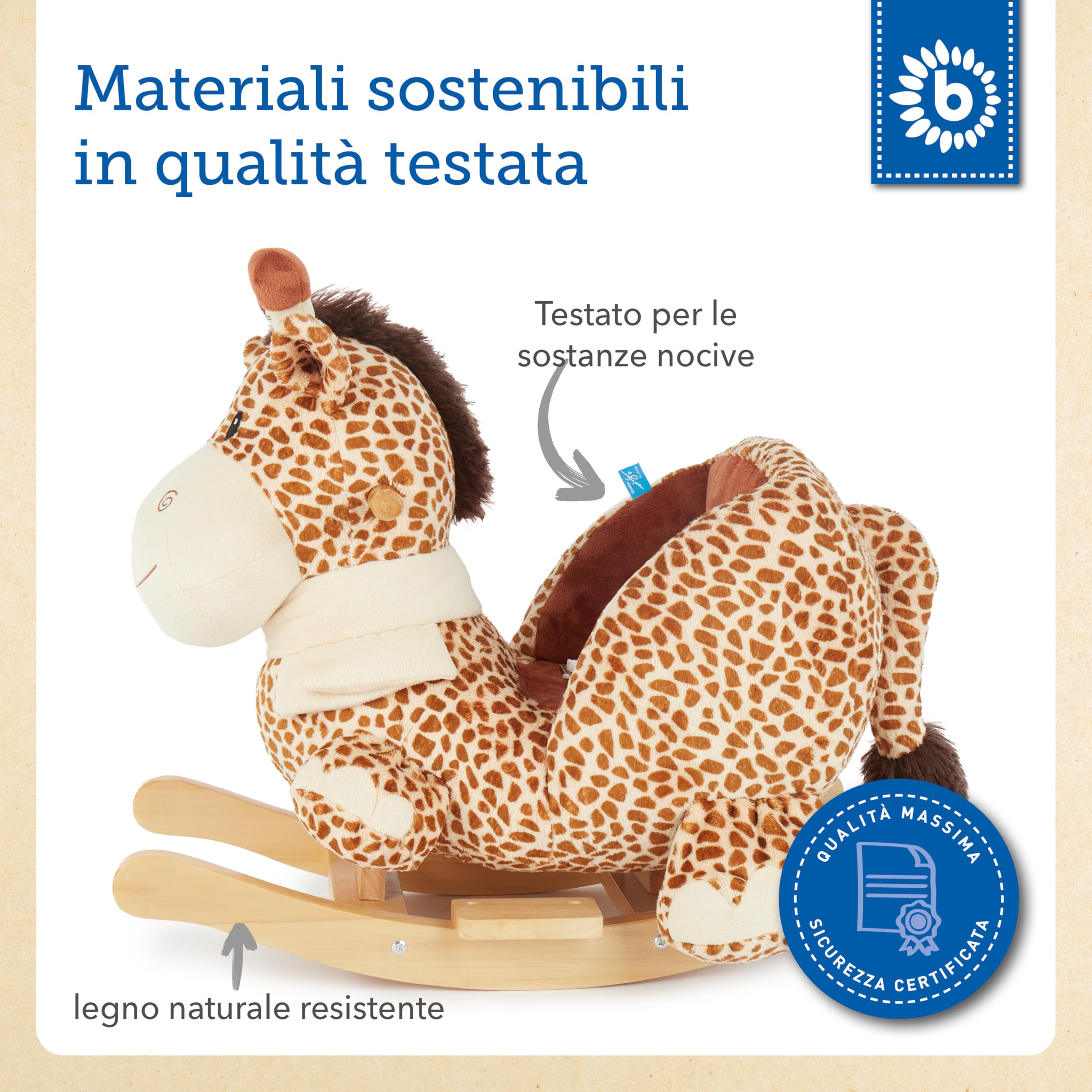 Bieco 74000500 - pluszowa żyrafa na biegunach, brązowa, dziecięcy fotel bujany, pas bezpieczeństwa i oparcie, pluszowa huśtawka dla niemowląt i małych dzieci ok. 70,5 x 42,5 x 53 cm, osioł
