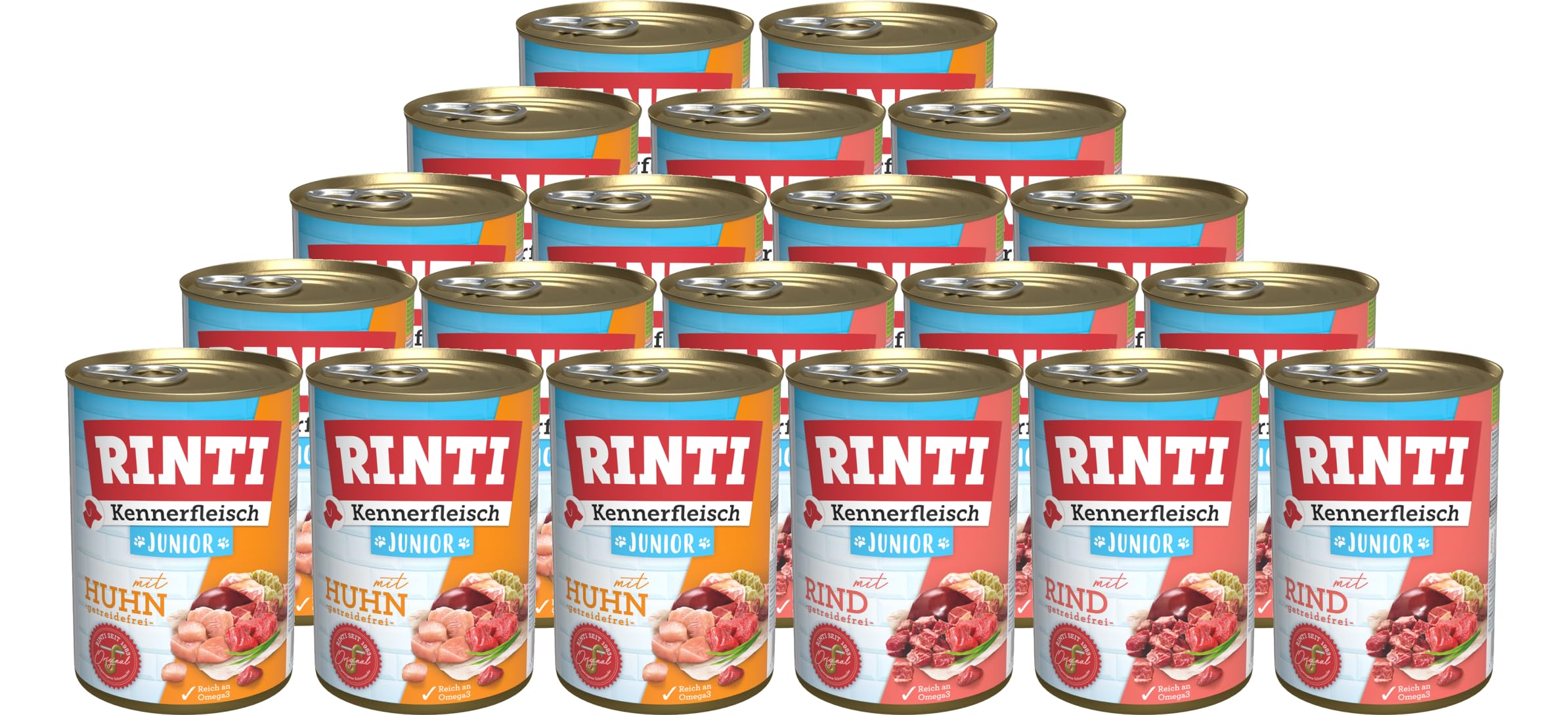 RINTI-Kennerfleisch Junior Mixpaket 20 x 400g | Welpen-Nassfutter Huhn & Rind | Nassfutter für Welpen | Getreidefrei mit Omega 3 & Rübenfasern | Juniorfutter ohne Soja