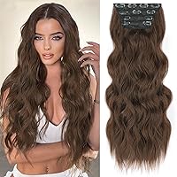 Vista 22 de ALXNAN - Extensiones de cabello con pinza, largo y ondulado, de 20 pulgadas, color rubio rosa; extensiones de cabello natural de 4 piezas, con fibra